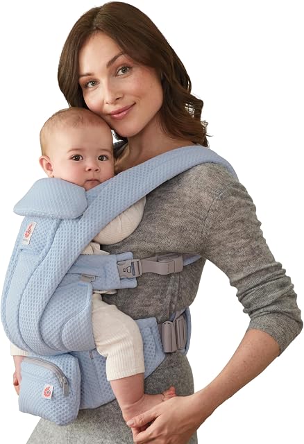 Ergobaby Omni Deluxe Baby Carrier for Newborn to Toddlers 0-48 Months (7-45 lbs) - 4-Position Breathable Mesh Baby Carrier with Ergonomic Support, Storage Pockets, and Sun Hood - Serene Blue
