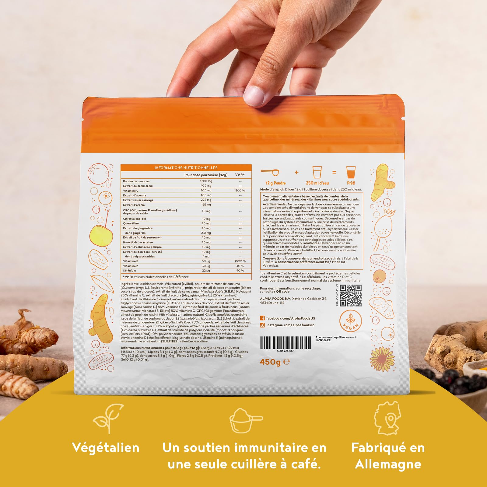 Défenses Immunitaires en Poudre | 450 g | avec Vitamine C, D et K2, Quercétine, Camu, Curcuma, Gingembre, Sélénium, Zinc et NAC | Soutien du Système Immunitaire | Alpha Foods