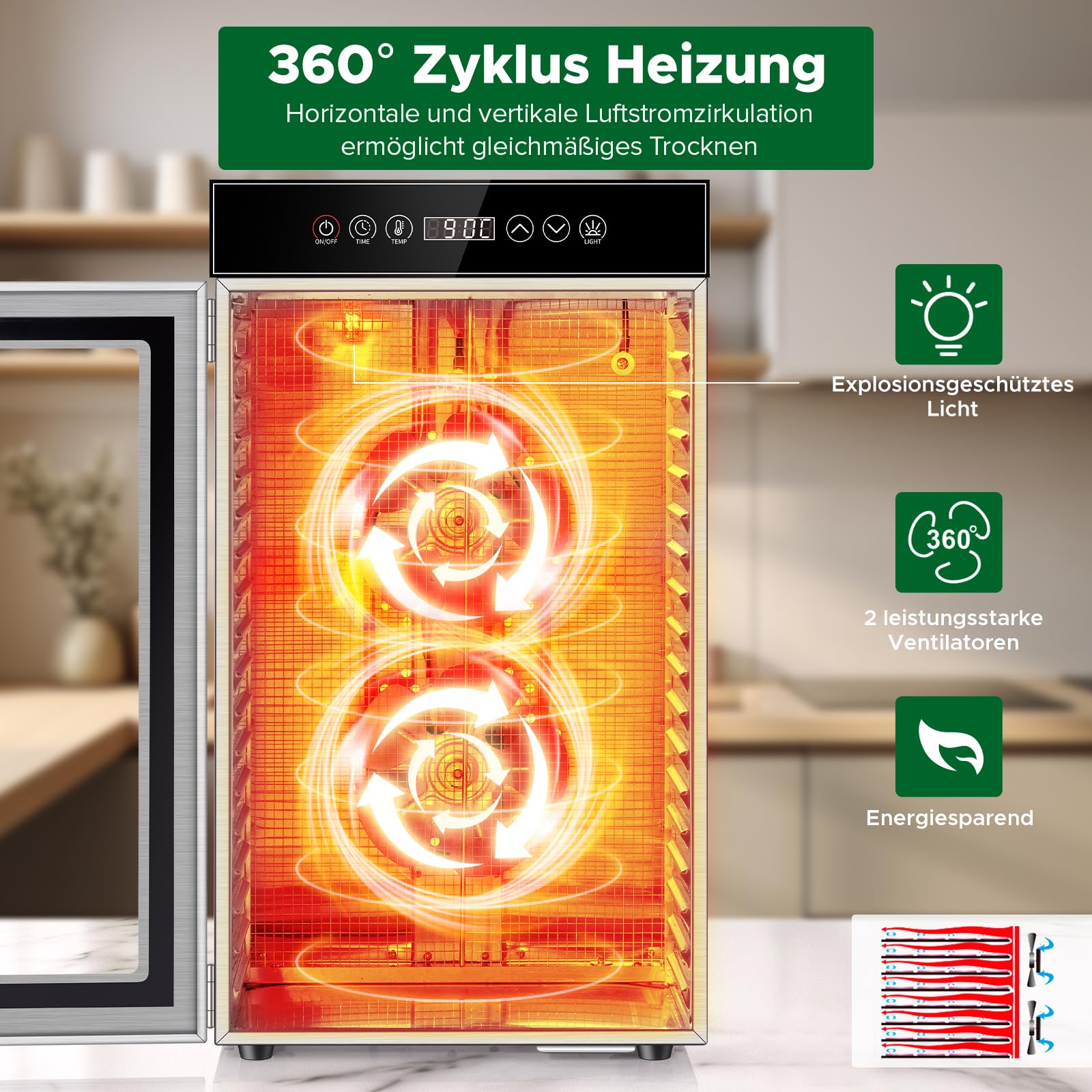 Kwasyo Gewerblicher Dörrautomat 18 Etagen, 800W Edelstahl Lebensmittel Dehydrator mit 360° Luftzirkulation, Große Kapazität für Fleisch, Obst, Gemüse, Kräuter