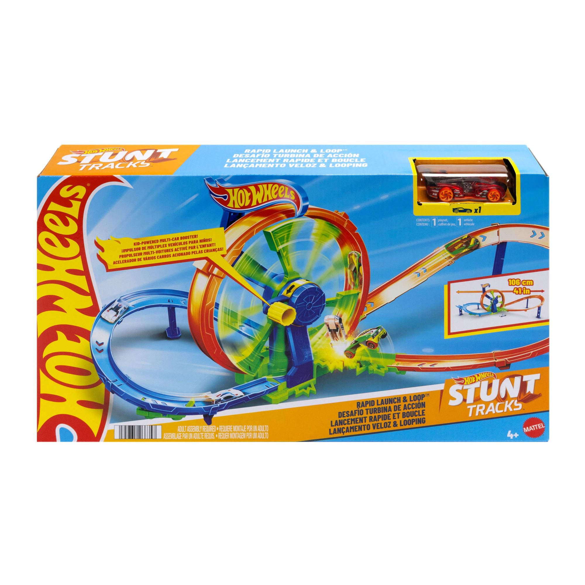 Hot Wheels - Pista Loop Rotante, playset con zona scontro su pista a forma di 8 e loop a propulsione, include una macchinina in scala 1:64, giocattolo per bambini, 3+ anni, JBX65