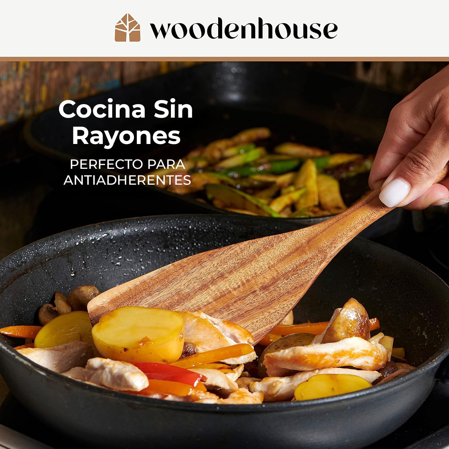 Utensilios de Cocina Madera 10 Pzas para Cocinar - Set de Espátulas y Cucharones de Cocina - Madera de Teca, Antiarañazos. Accesorios Cocina con Agarre Cómodo para Sartenes Antiadherentes