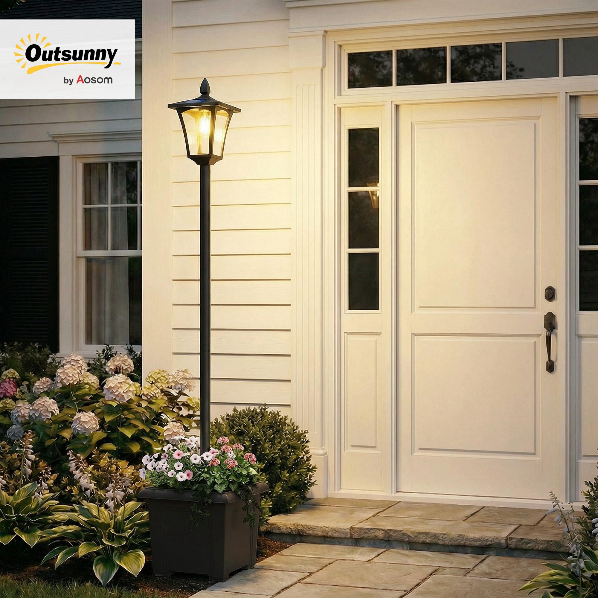 Outsunny Farola Solar Exterior de Jardín con Macetero, Luz Solar de Exterior LED, Poste de Aluminio, Impermeable IP44, Encendido/Apagado Automático, para Terraza, Patio, 33x33x160 cm, Negro