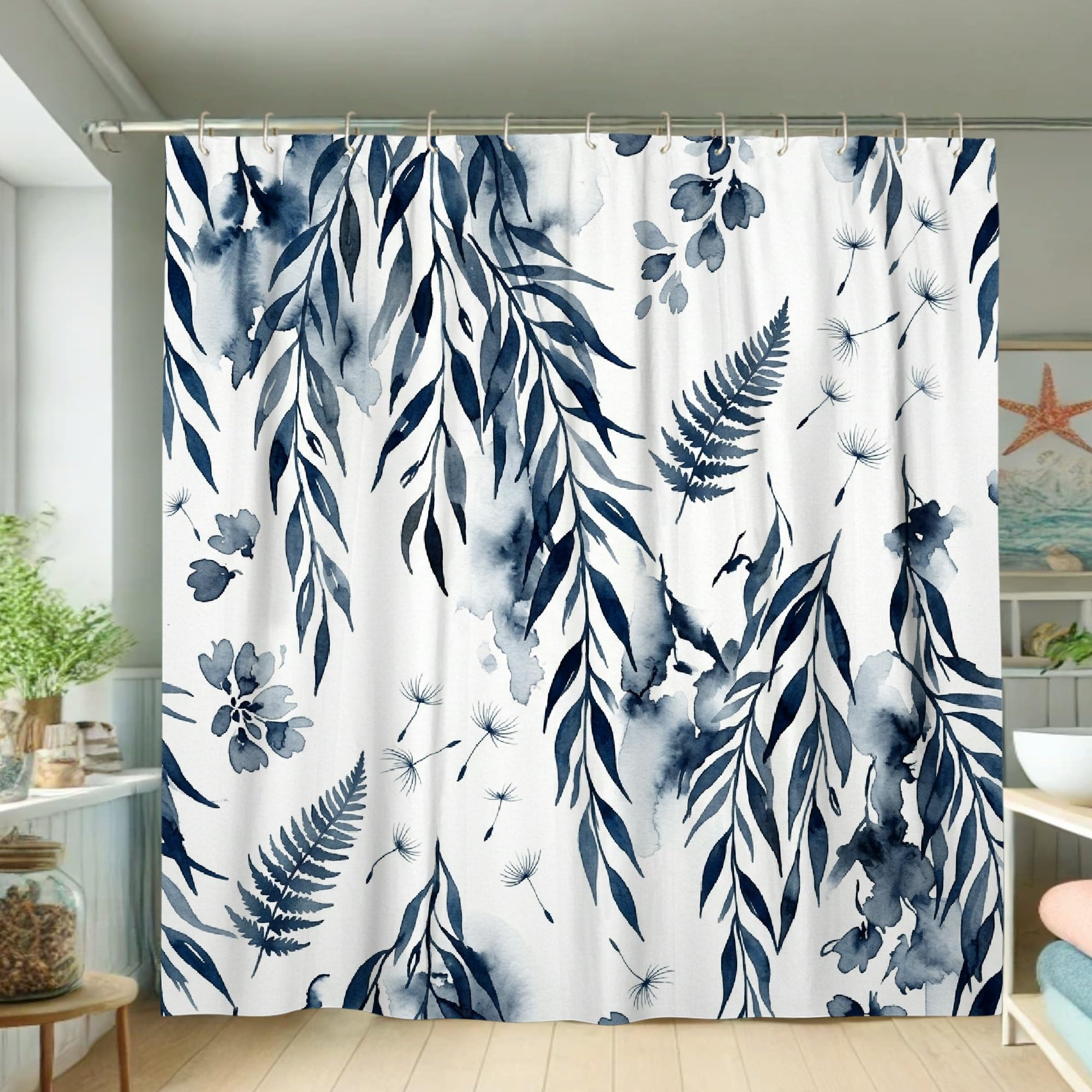 Rideau de douche bleu marine motif feuilles botaniques polyester 183x183 cm