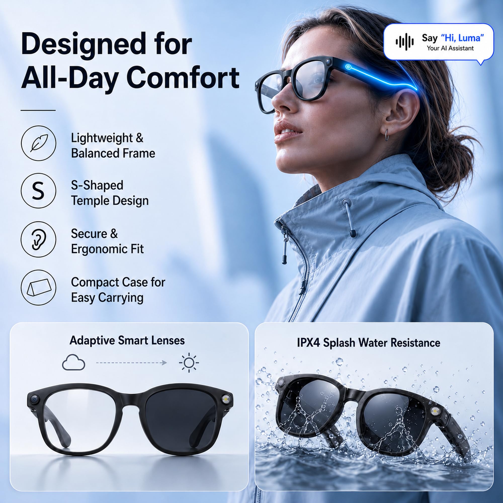 Occhiali con Telecamera HD 8MP, Video, Batteria 7 Giorno, Smart Glasses Ai | Traduzione in Tempo Reale/Riconoscimento di Oggetti/Assistente vocale, Occhiali Smart con Chiamate Bluetooth & WIFI, Musica