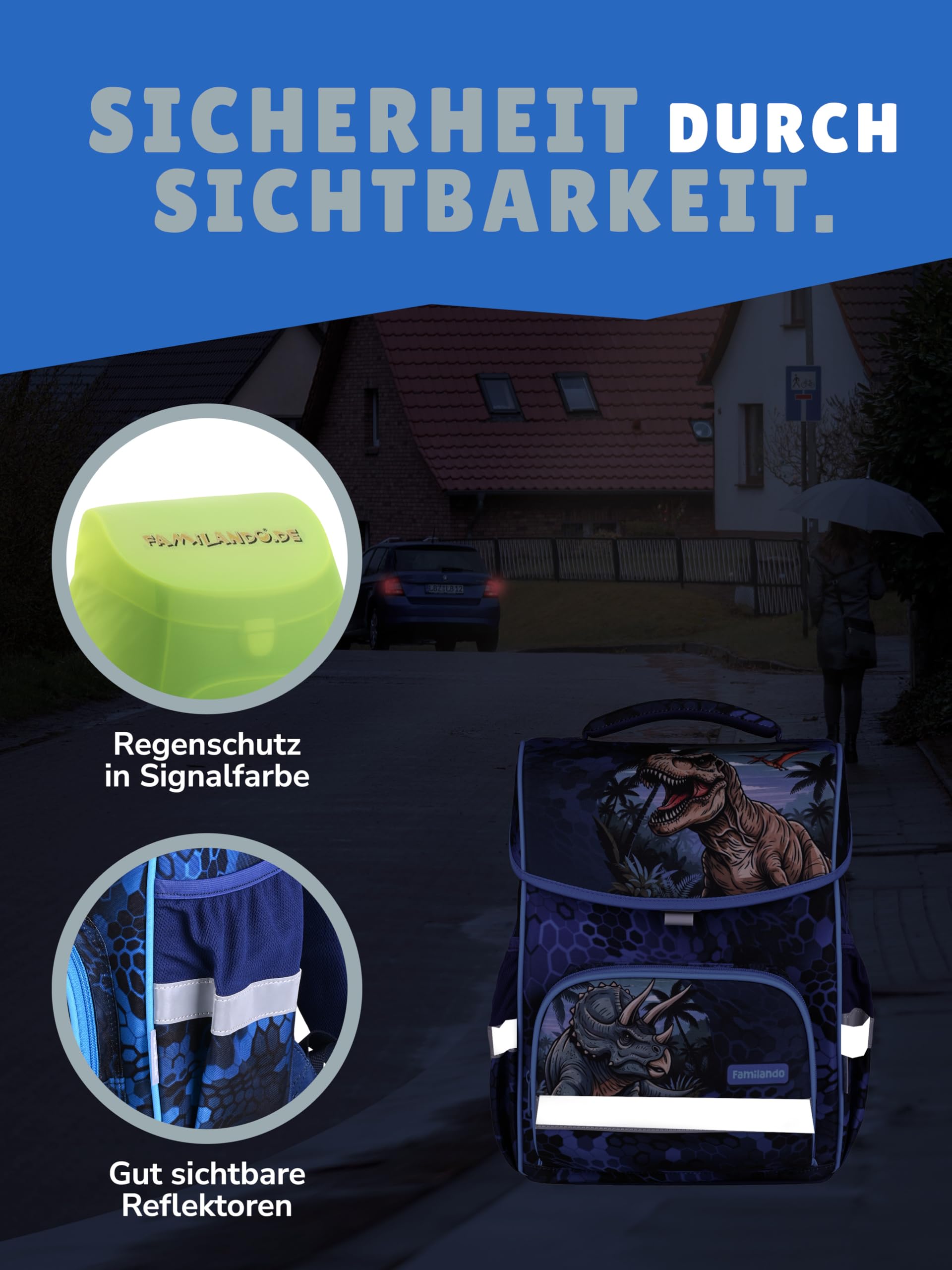 Familando - Basic-Plus Schulranzen Set - 10-teilig mit Schultüte - T-REX Dino - Ergonomisch, stabil & 850g leicht - 15L Volumen - Brustgurt & Reflektoren - Für Grundschule ab 1. Klasse