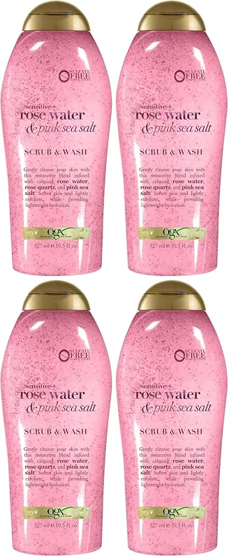 Esfoliante corporal OGX Sensitive + Rose Water & Pink Sea Salt com Rose Quartz, 577 mL, Pacote com 4