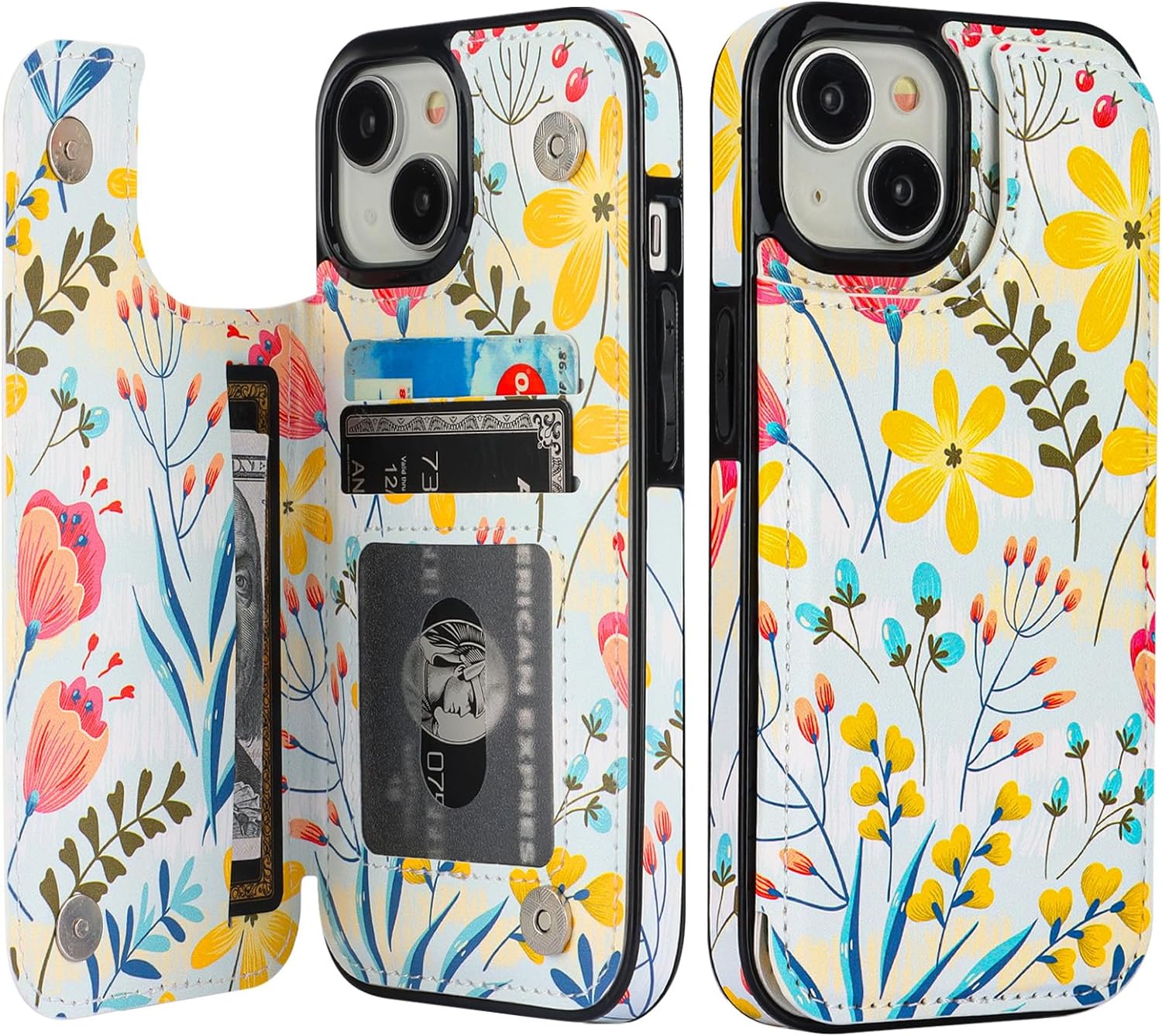 HAOPINSH for iPhone 15 Wallet Case with Card Holder, Floral Flower Pattern Back Flip Folio PU Leather Kickstand Card Slots Case for Women Girls, Double Magnetic Clasp Shockproof Cover 6.1"