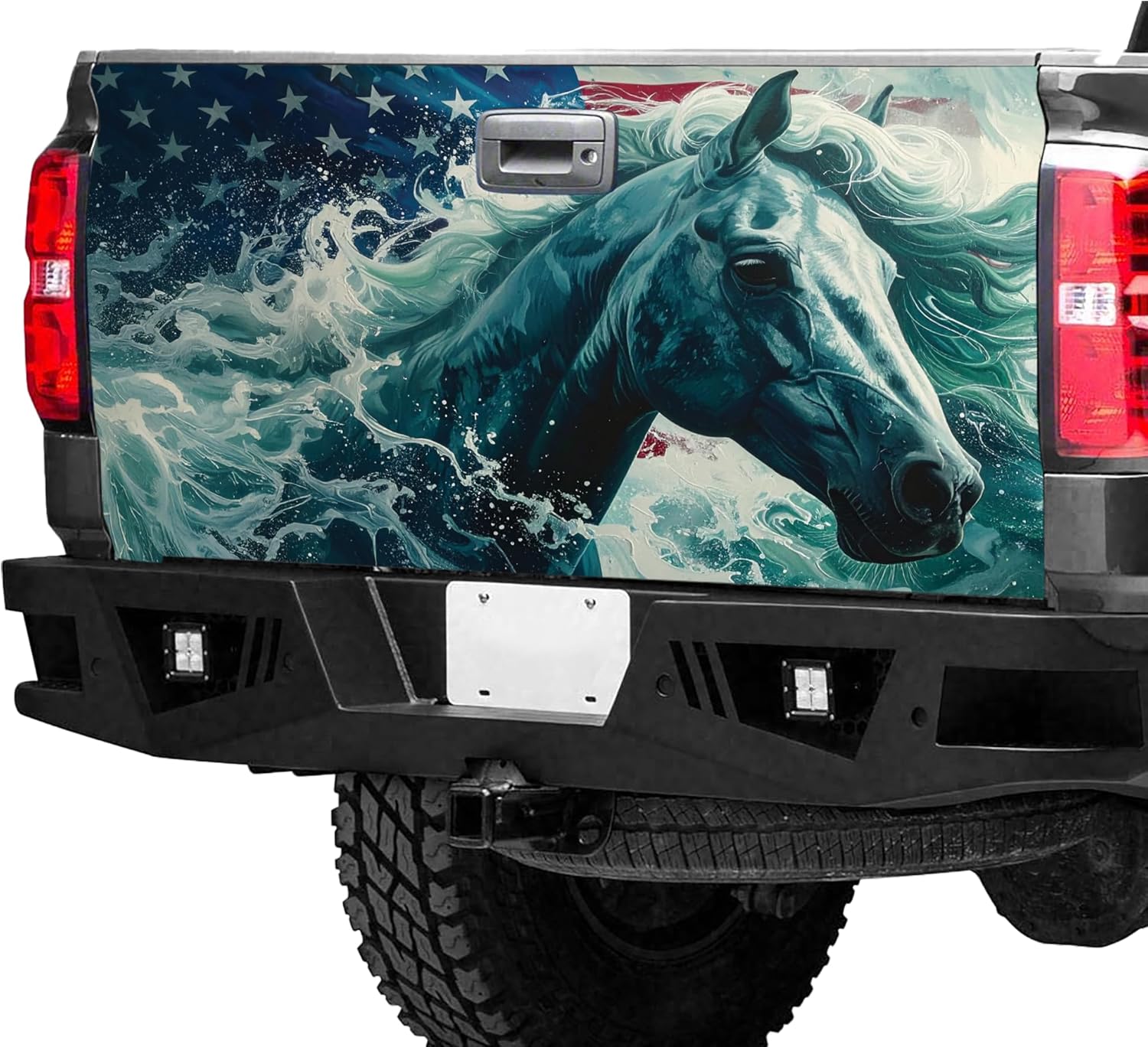 ThangPham Shop Horse and USA Flag Tailgate Wrap – Patriotic Truck Graphic for America Lovers