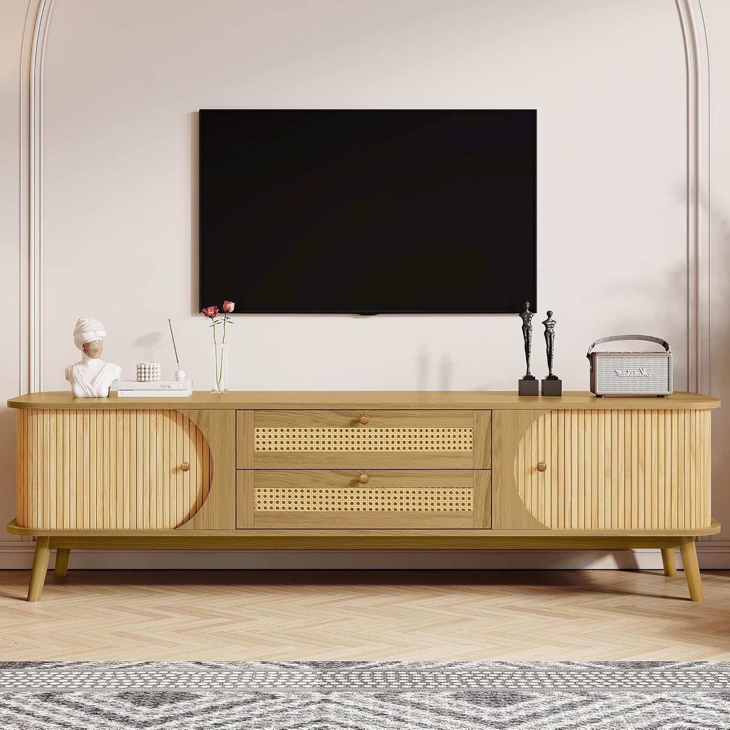 Boho TV Stand for TVs up to 75'', Rattan Entertainment Center with 2 Sliding Doors & 2 Drawers, TV Console with 2 Cord Holes, Solid Wood Feet, Vintage Console Table for Living Room