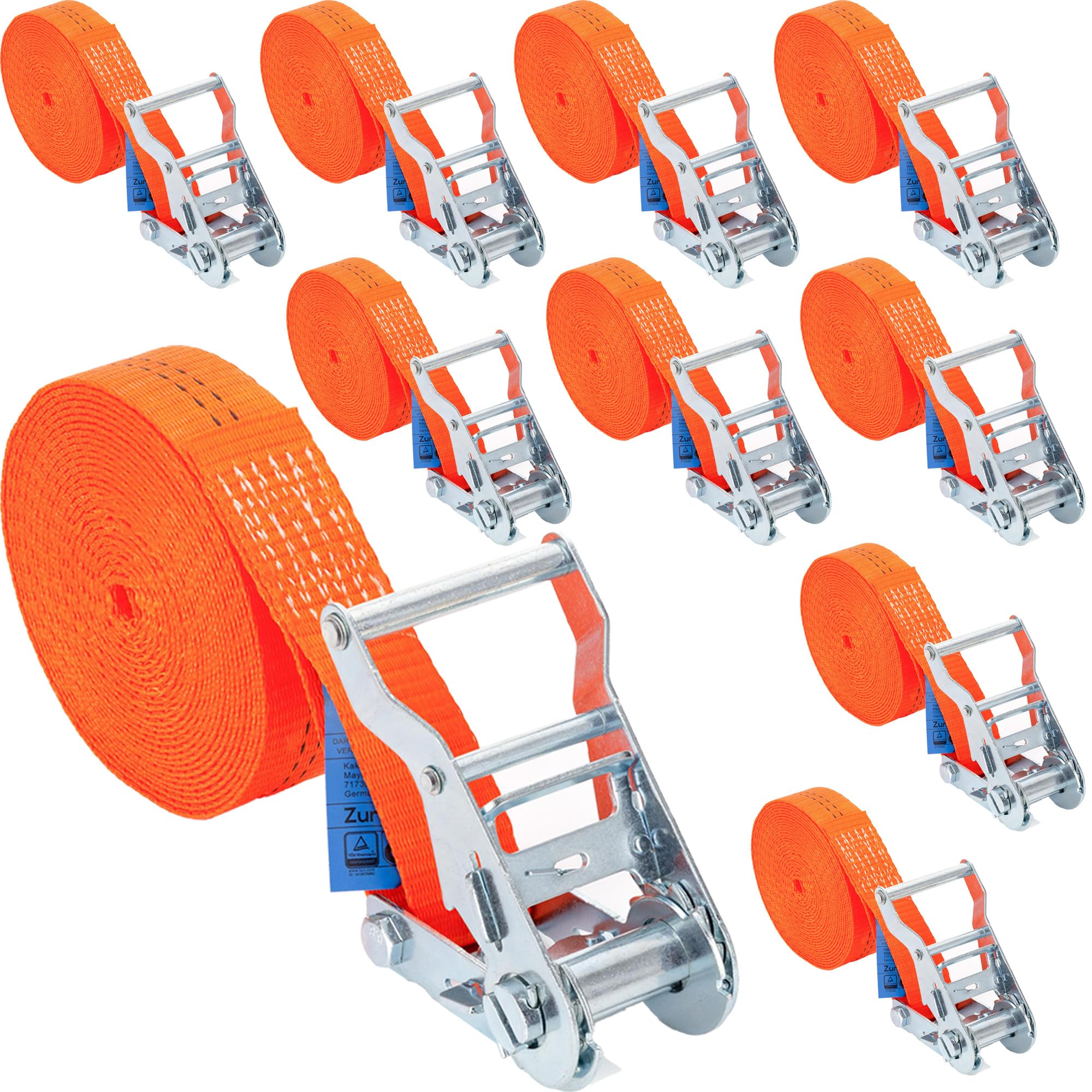 20 x Spanngurt 4 m 2000 kg – Einteilig, 35 mm Breit, Orange – Zurrgurt mit Ratsche zur Ladungssicherung