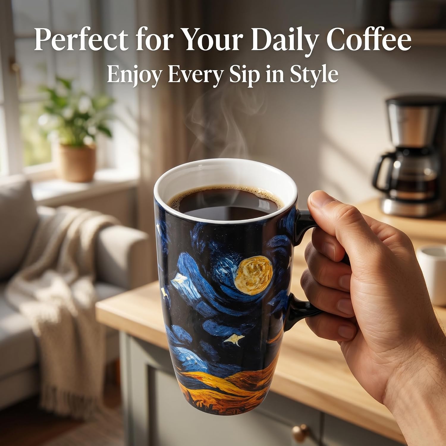 Topadorn Starry Night Ceramic Travel Mug with Lid, 17oz Art Coffee Mug