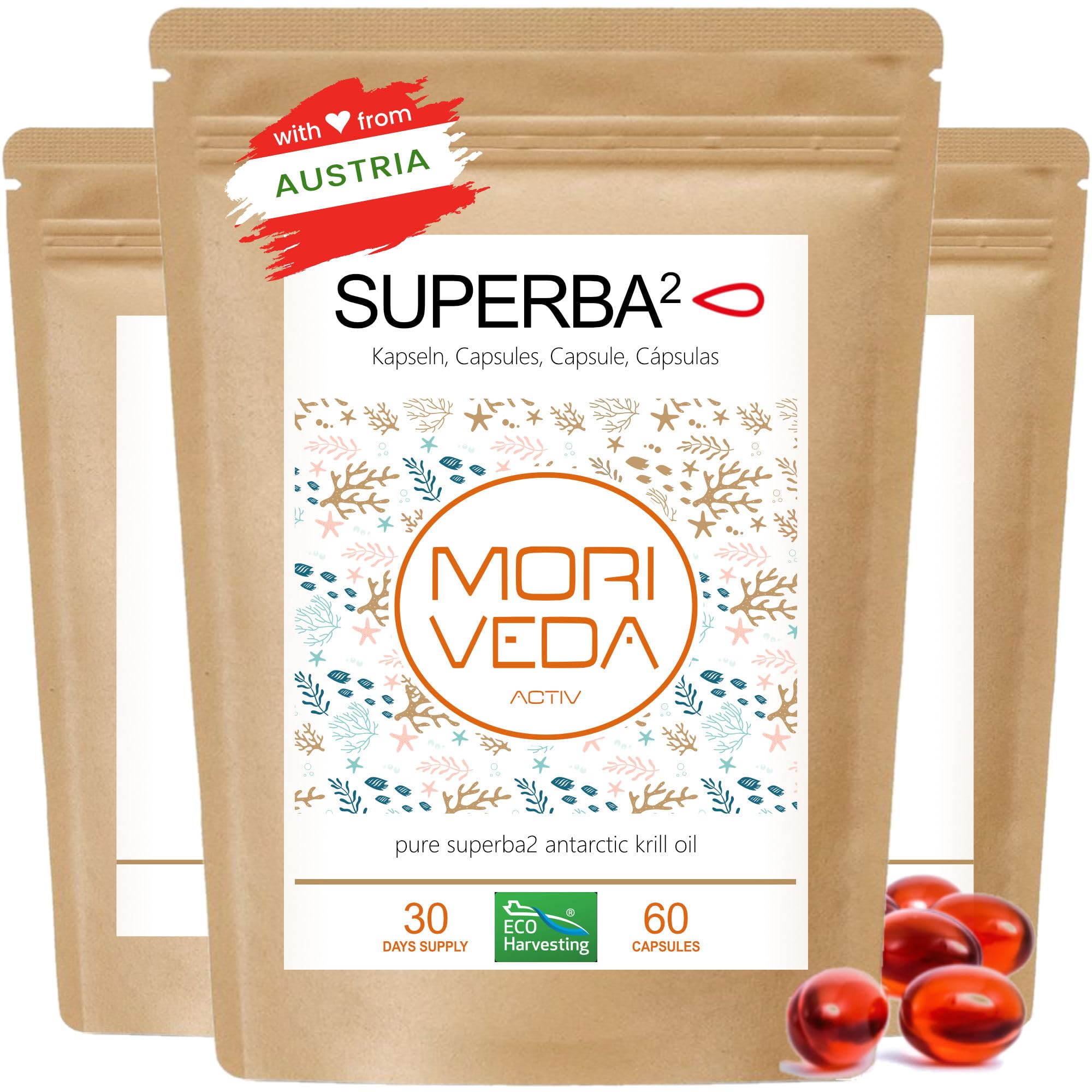 MoriVeda® Superba Premium Krill Oil, 180 kapsułek z rewolucyjnym olejem Omega 3, estryfikowaną astaksantyną, antyoksydantami & witaminami certyfikowanymi przez USDA, ISO & MSC 3x 60szt.