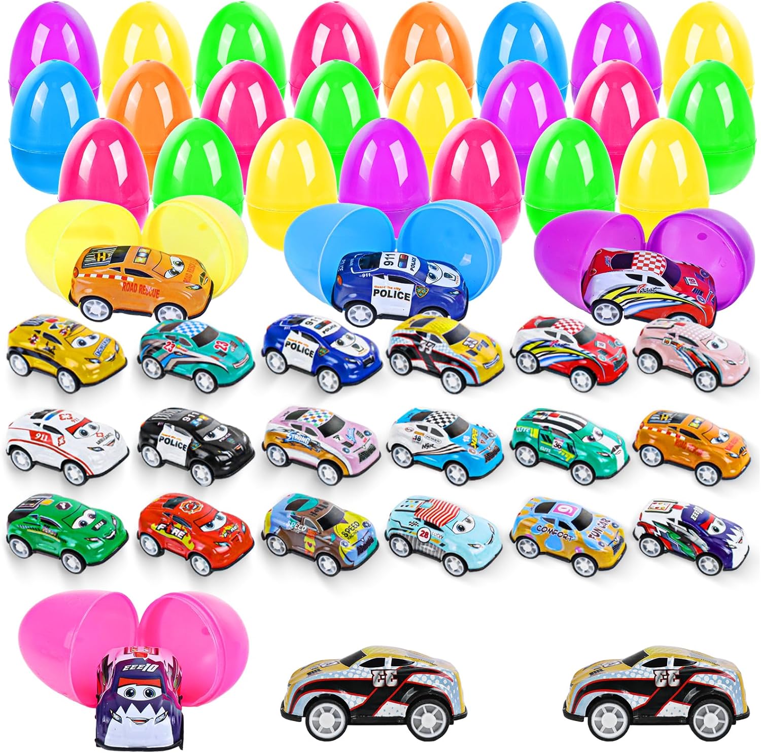 24PCS Prefilled Easter Eggs with Pullback Cars and Planes Toys, Colourful Plastic Easter Eggs with Toys for Easter Egg Hunt, Easter Basket Filler Gift for Kids Boys and Girls, Easter Party Favor