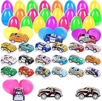 24PCS Prefilled Easter Eggs with Pullback Cars and Planes Toys, Colourful Plastic Easter Eggs with Toys for Easter Egg Hunt, Easter Basket Filler Gift for Kids Boys and Girls, Easter Party Favor