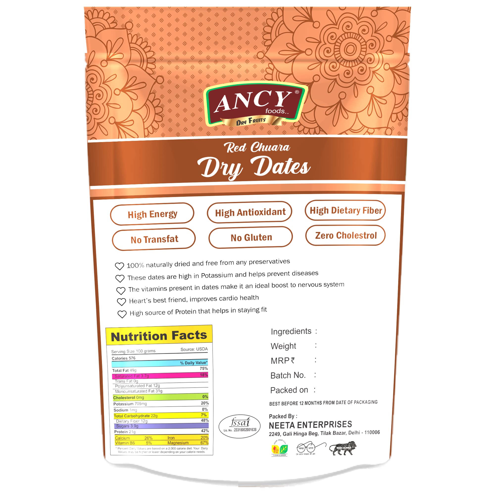 Ancy Dry Fruit Mall Red Dry Dates/ Lal Sukha Khajoor, 4 X 250 Grams
