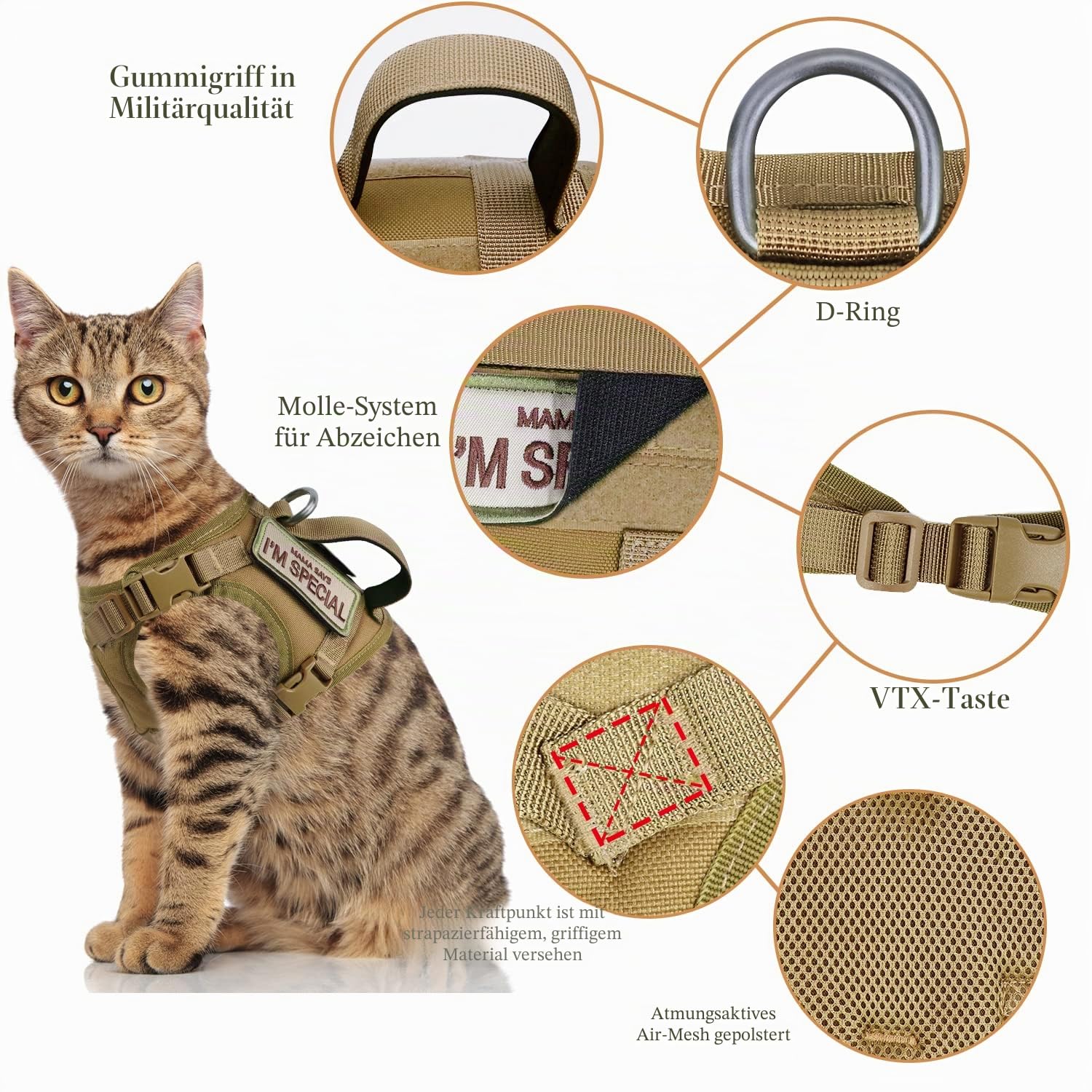 Taktisches Katzengeschirr für Spaziergänge, ausbruchsicher, weiches Netzgewebe, verstellbar, Haustierweste, Geschirr für große Katzen und kleine Hunde (M, Khaki)