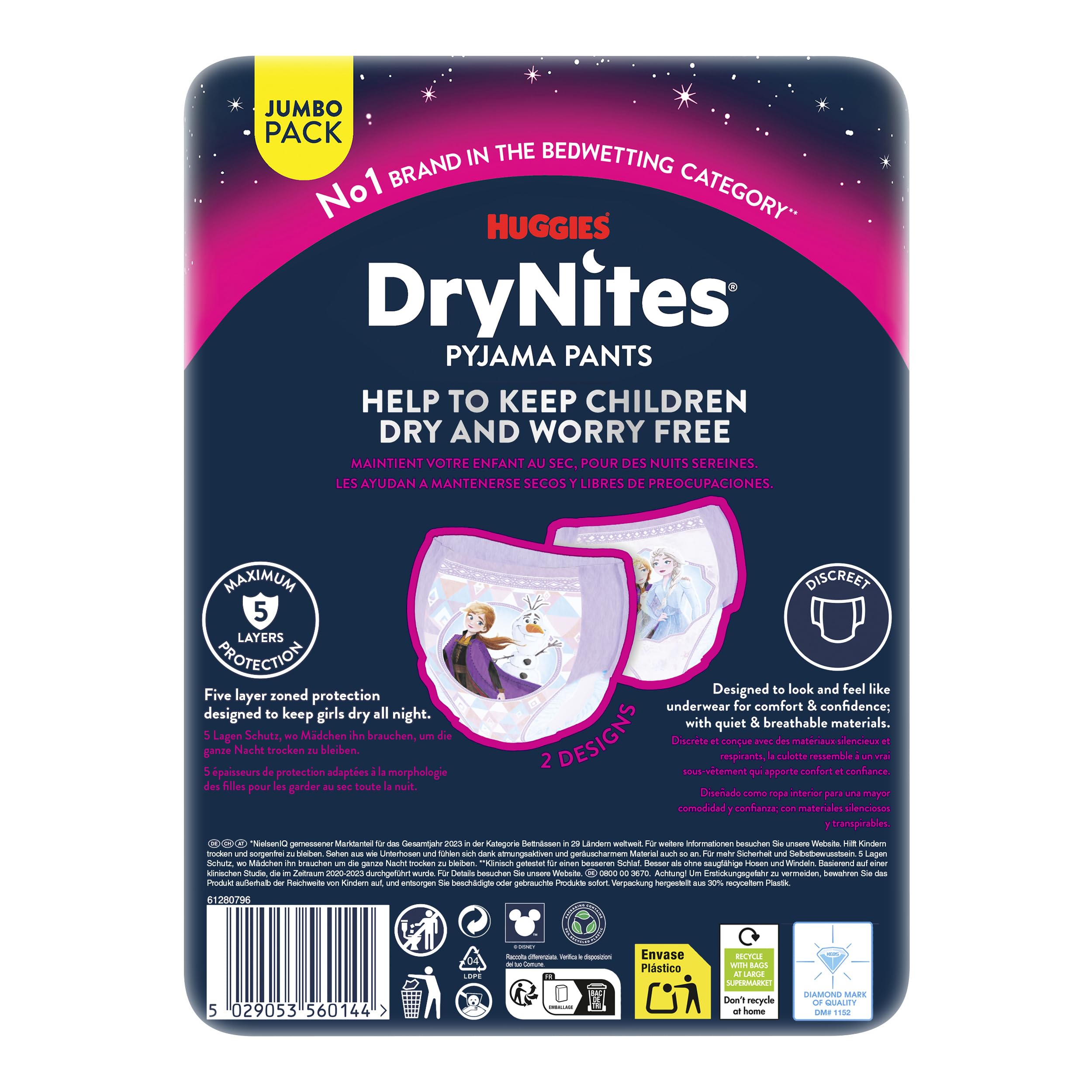 Huggies DryNites pieluchy nocne o wysokiej absorpcji, dla dziewczynek w wieku 3-5 lat, 4 x 16 sztuk (łącznie 64 sztuki), opakowanie miesięczne pieluchy