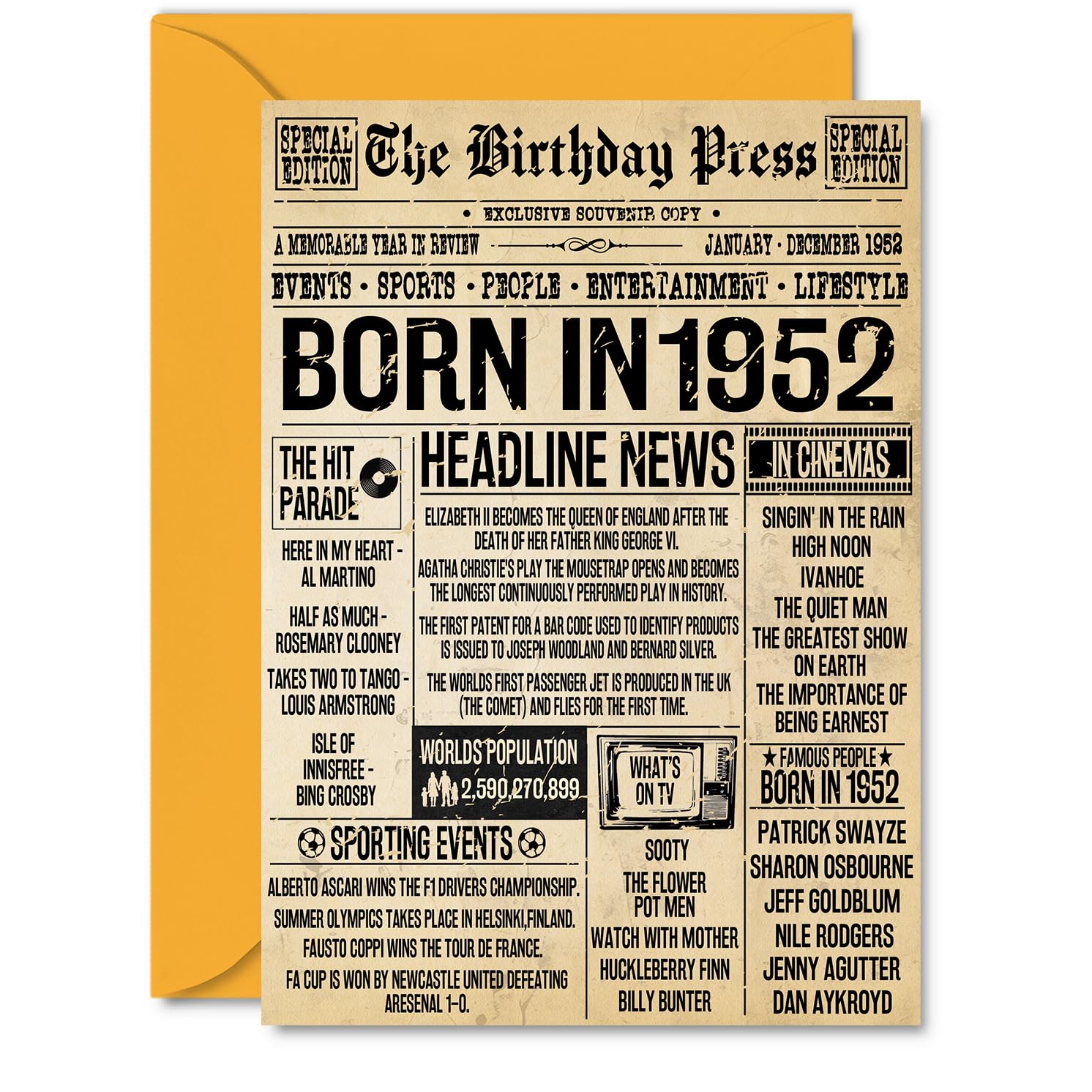 74th Birthday Card for Men Women - Bday Press Newspaper 1952 - Happy 74 Birthday Cards for Grandma Brother Wife Dad Nanny Nan, A5 Bday Greeting Cards
