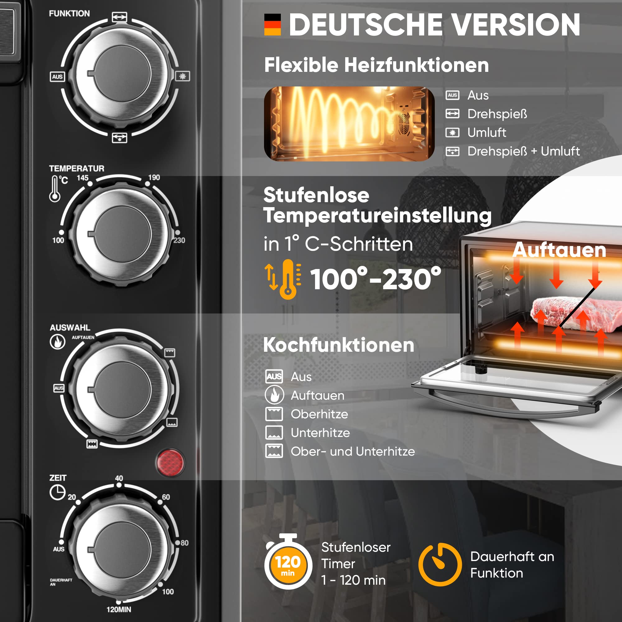 Stillstern Minibackofen mit Umluft 35L (DE Version) Pizza Ø28, CYCLONE PRO+ Antihaftbeschichtung, Auftauen, 2h Timer, Camping Mini Backofen Umluft Pizzaofen Mini Ofen klein Hähnchengrill mit Drehspieß