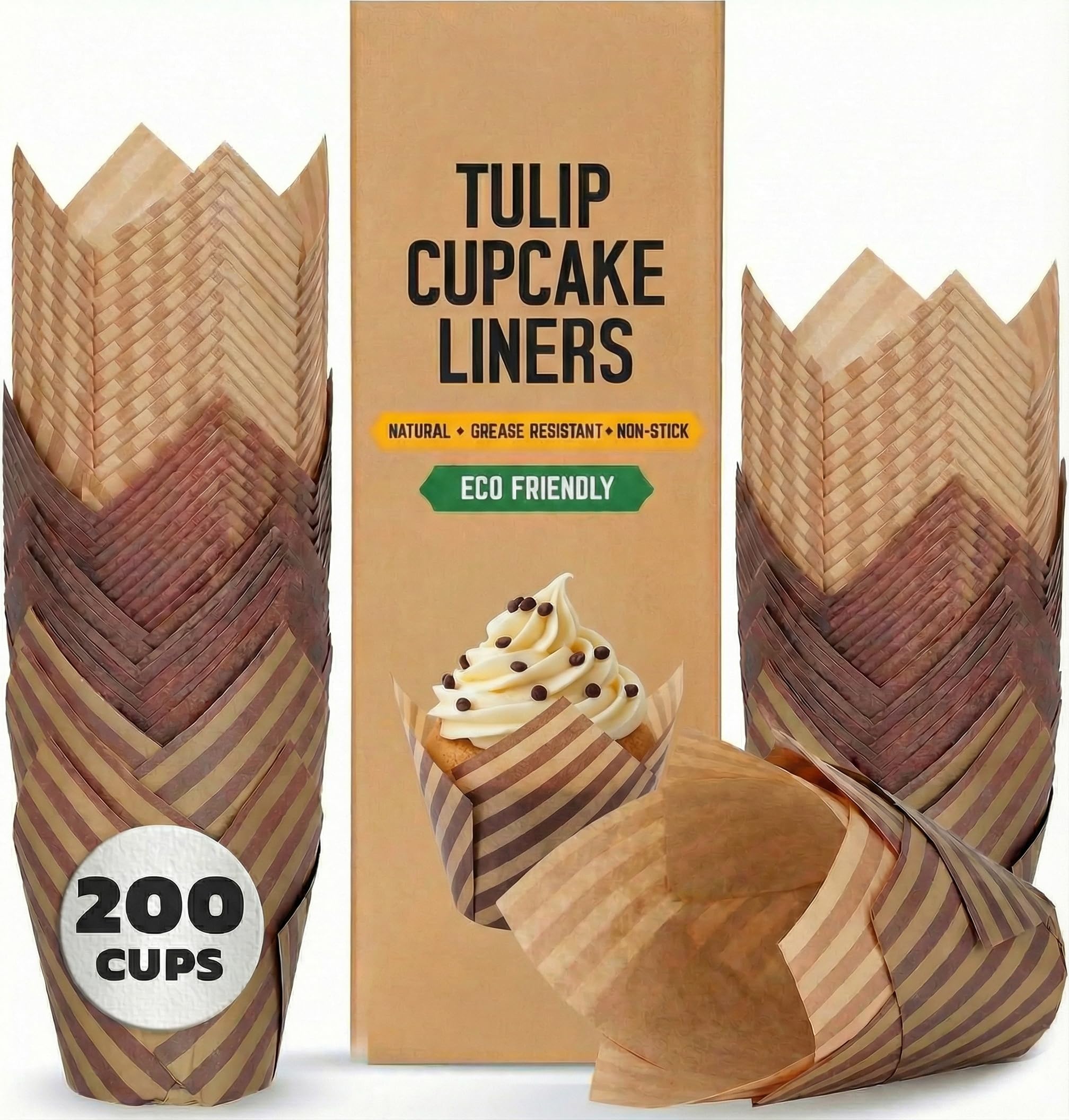 PRETYZOOM 200Pcs Tulip Cupcake Liners, Muffin Baking Cups Parchment Paper Cake Wrappers in Standard Size for Bakery, Party, Wedding, Christmas Cupcake