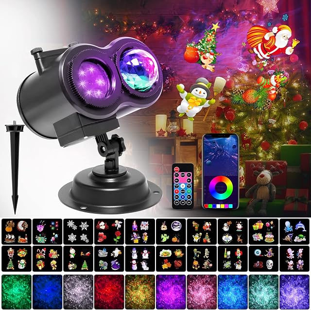 ALED LIGHT Bluetooth Christmas Projector LED Lights, 20 Slides LED Projector Lamp Double Projection Light Waterproof Outdoor Water Wave Projector Light with Remote Control for Party Birthday
