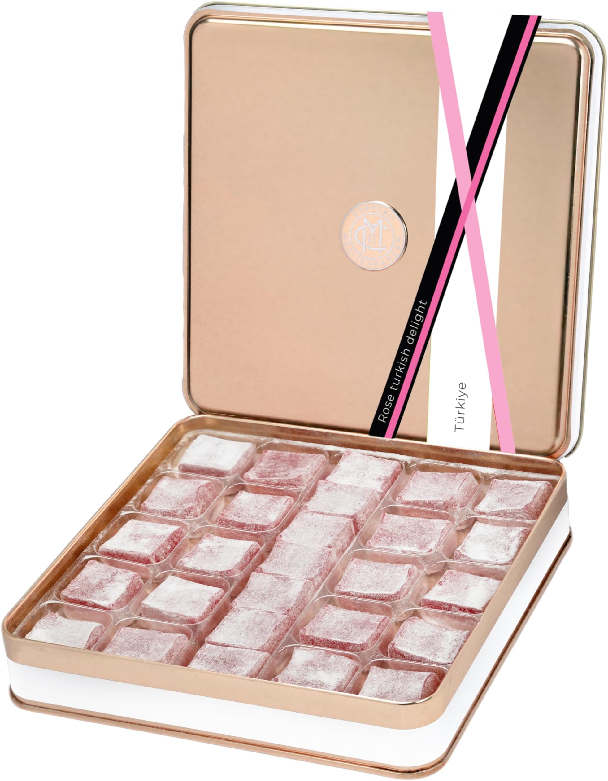 Rose Turkish Delight 500g | Premium Lokum | Vegan and Halal | Handmade in Turkey | Rose Gold Gift Tin | Approx. 26 Pieces | Mother’s Day, Eid & Easter | Chateau De Mediterranean