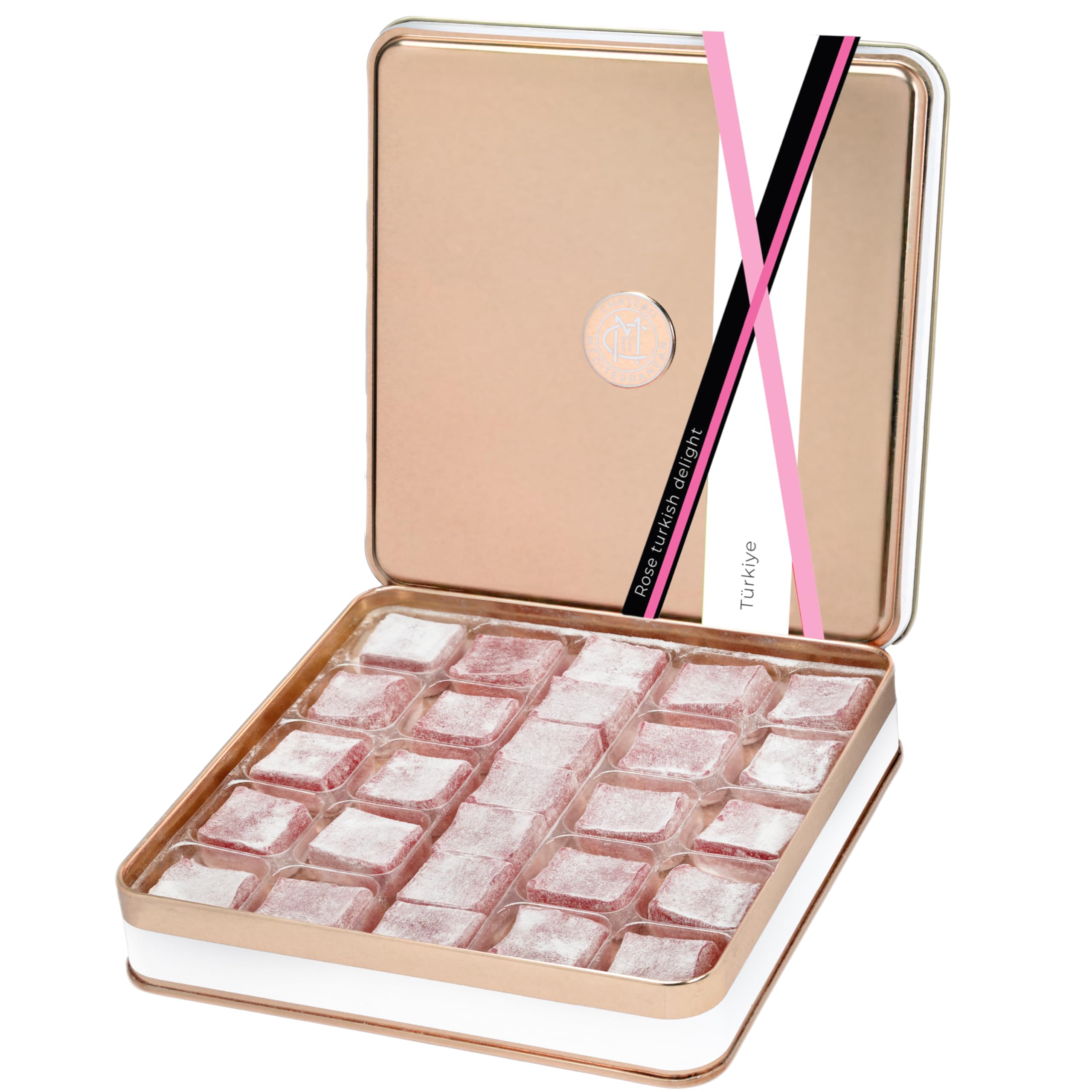 Chateau De Mediterranean Rose Turkish Delight - 500 g | Floral Flavour Lokum Dessert | Approx 26 Pieces | Gourmet Gift Box Tin | Handmade in Turkey Following Traditional Recipe