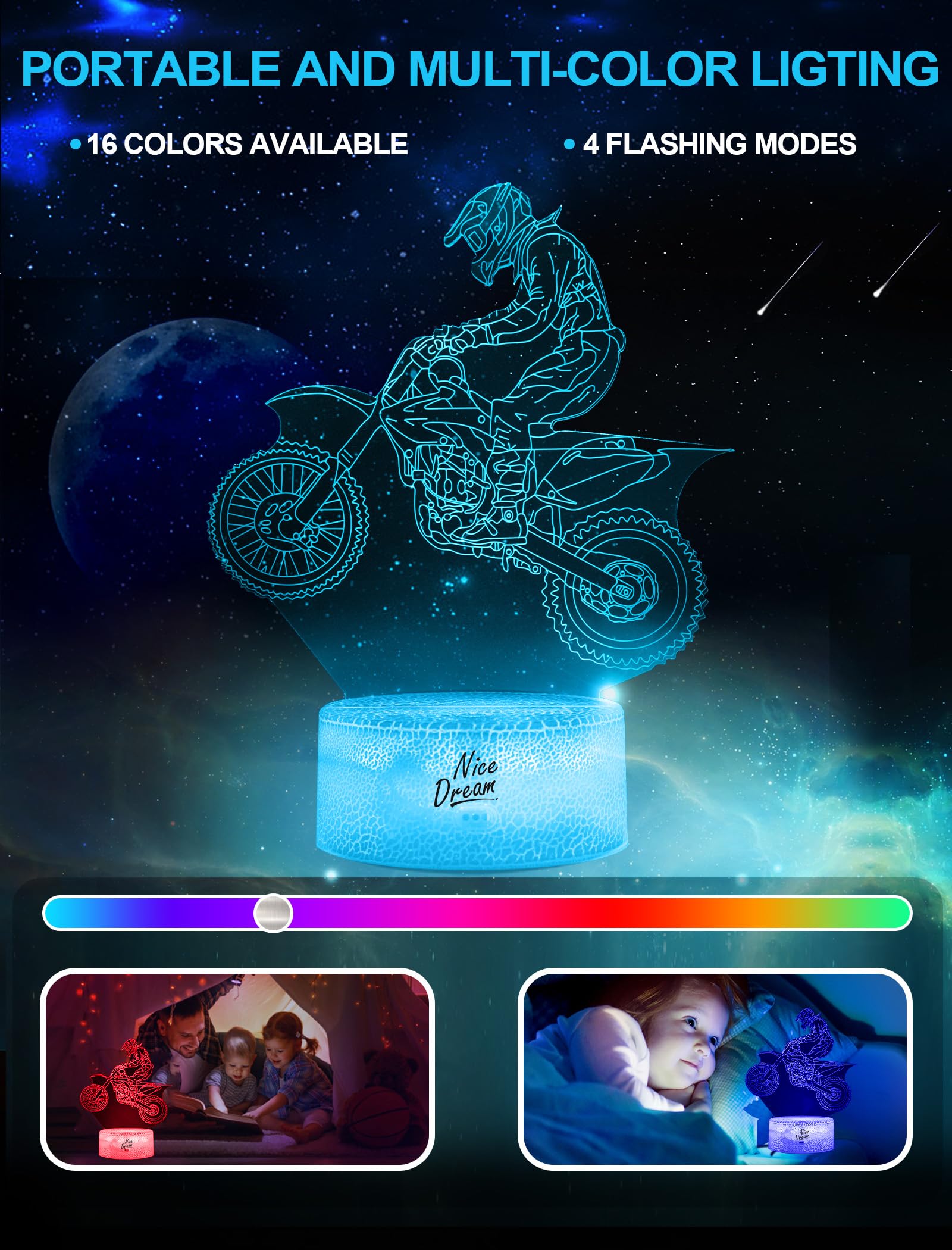Nice Dream Luce Notturna Moto per Bambini, Lampada Illusion 3D Luce LED per Camerette, Telecomando 16 Cambia Colore Dimmerabile, Regali di Natale per Ragazze Ragazzi Camera da Letto