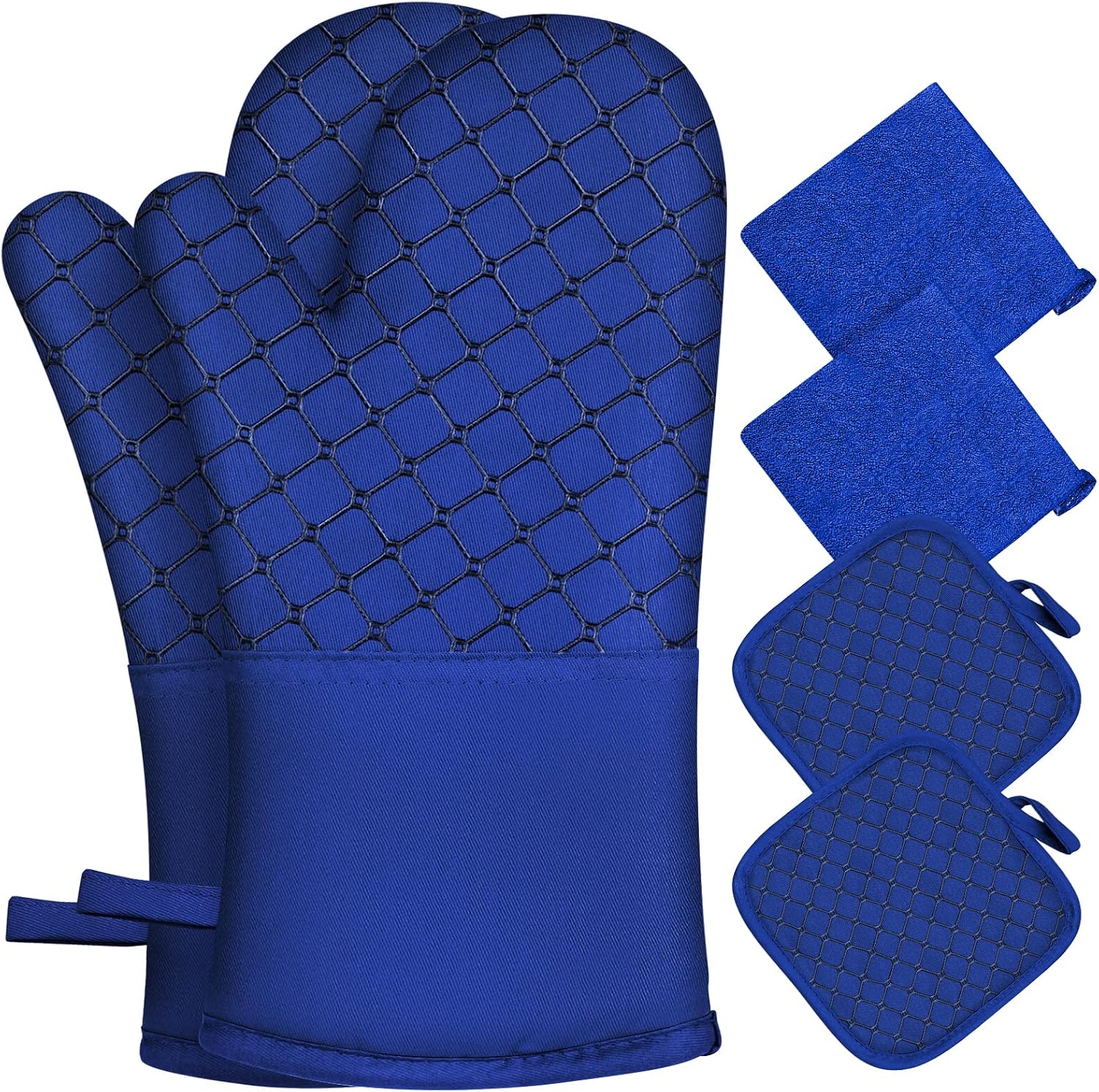 IXO 6Pcs Oven Mitts and Pot Holders, Oven Glove Heat Resistant 500℉ with Kitchen Towels Kitchen Mitts and Pot Holder Soft Cotton Lining and Non-Slip Silicone Surface for Baking, Cooking, BBQ(Blue)