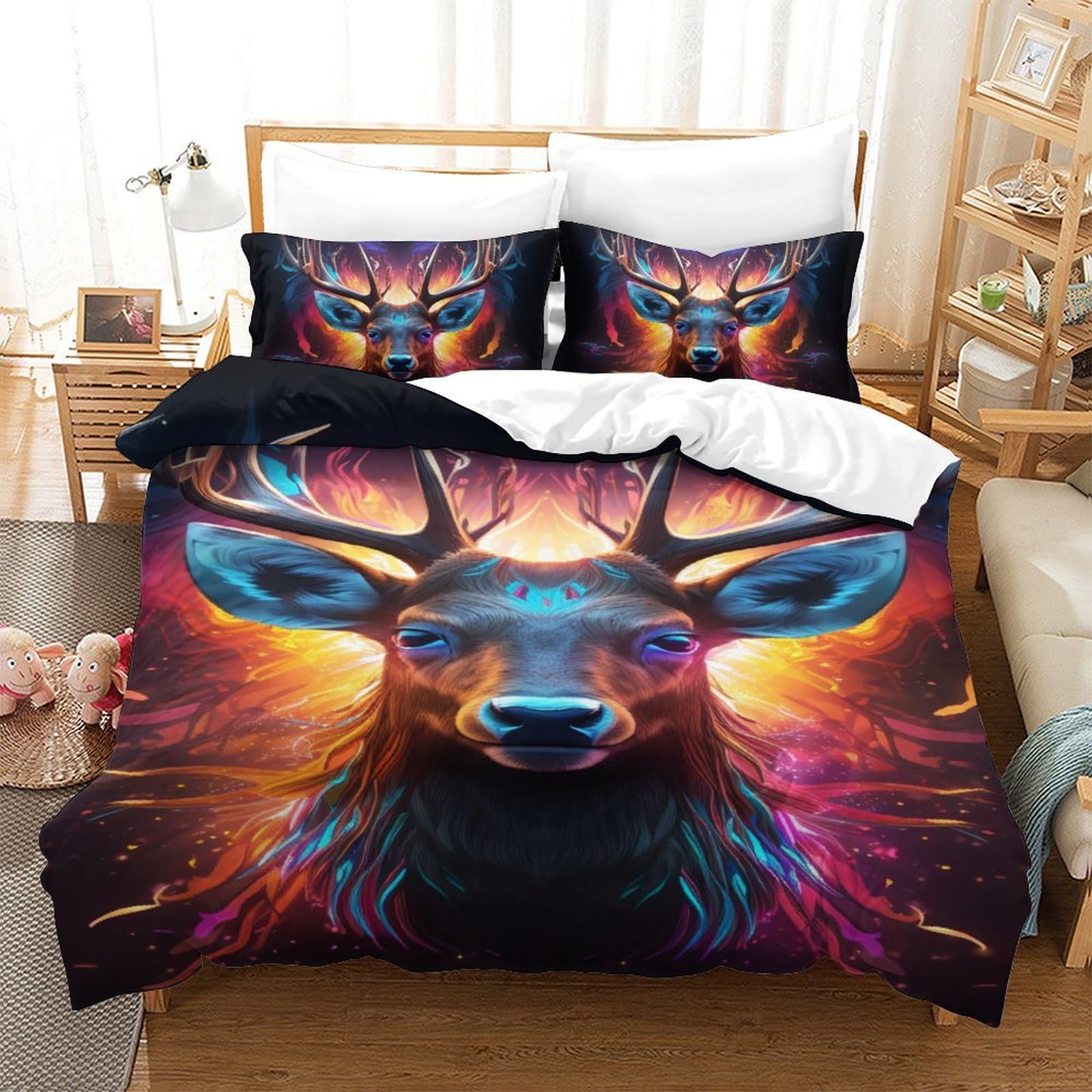 Parure de lit cerf imprimé 3D en microfibre 140x200 cm avec taies pour enfant
