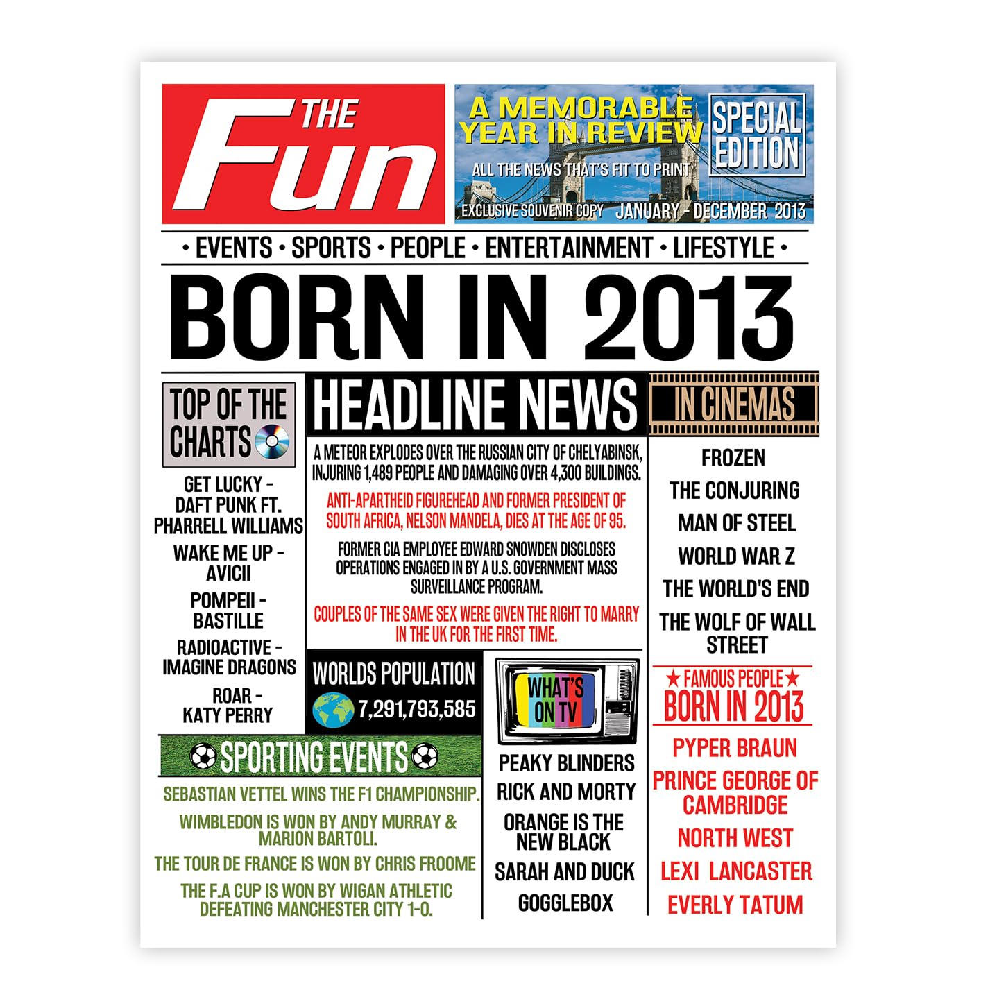 Stuff4 Boys 2013 13Th Birthday Poster Unframed - Born In Newspaper - Happy 13Th Birthday Gifts For Girls Vintage Retro Back In 8X10 Inch Twelve Bday Party Decor Decoration