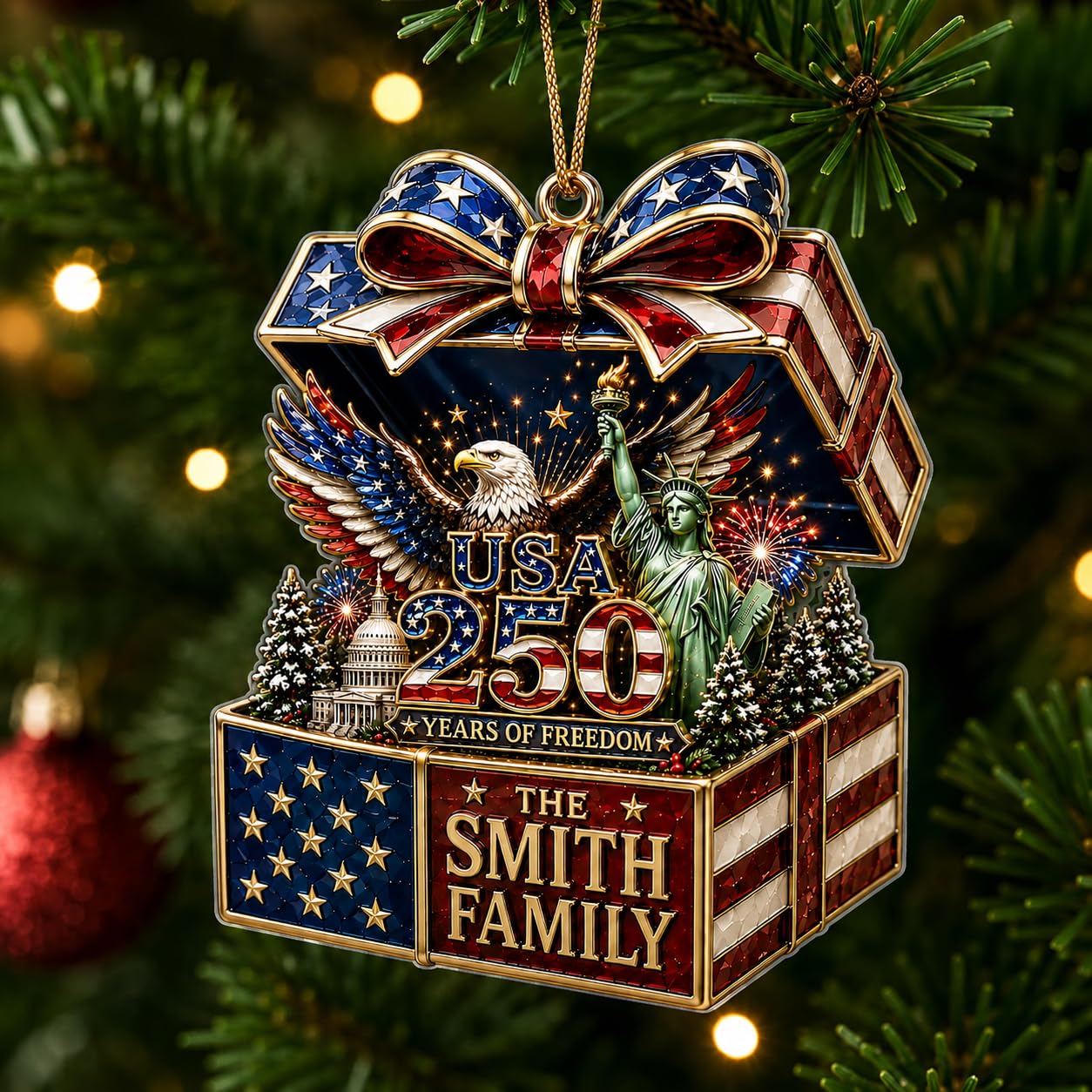 [Made in USA] Personalized 250th Anniversary USA Flat Acrylic Christmas Ornament, Custom Family Name Box Ornament, 1776-2026 250 Years of Freedom Holiday Keepsake Gift