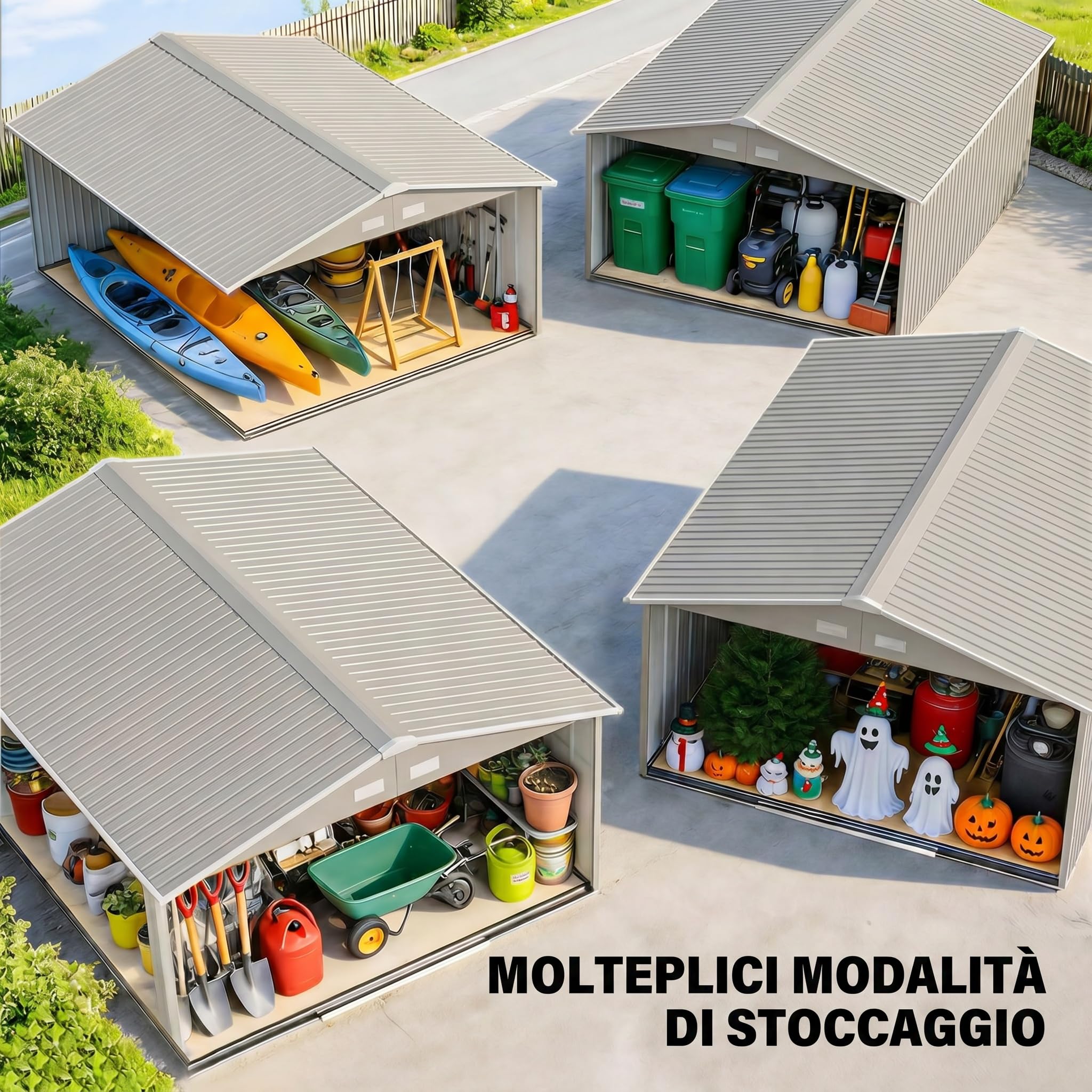 Outsunny Casetta da Giardino 12.4m² con Fondazione, 4 Prese d'Aria e 2 Porte Scorrevoli, Capanno Porta Attrezzi in Lamiera d'Acciaio, 340x386x200 cm, Grigio Chiaro
