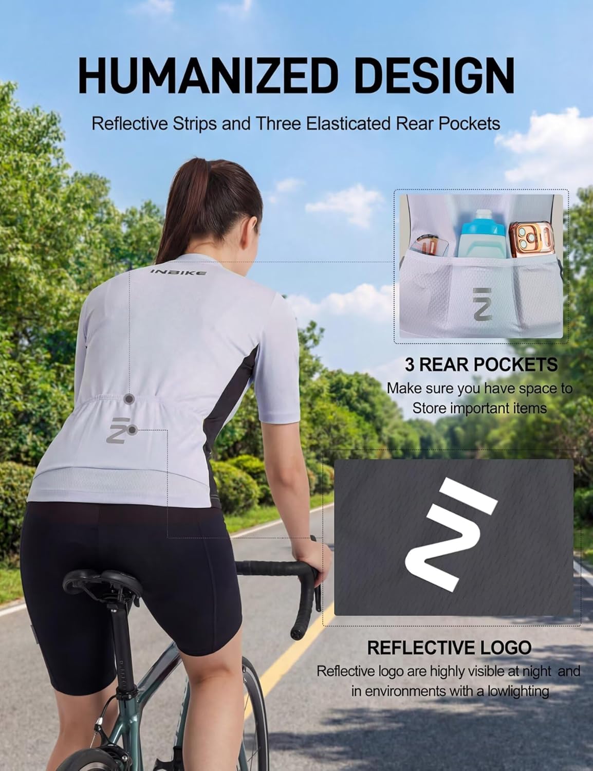 INBIKE Womens Cycling Jersey Sets Road Bike Jersey Breathable Riding Shirts Padded Bib Shorts with Pocket