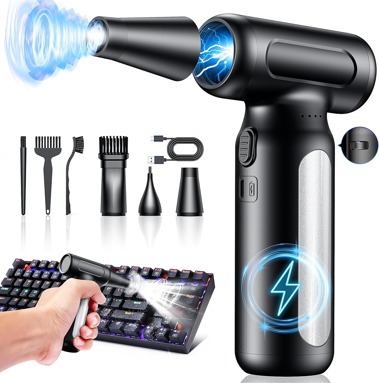 Electric Compressed Air Duster - 30,0000 RPM Rechargeable Cordless Turbo Blower, Portable Air Blower Gun for Cars, PC, Keyboard, Home & Outdoor Dust Cleaning (Replaces Compressed Air Cans)