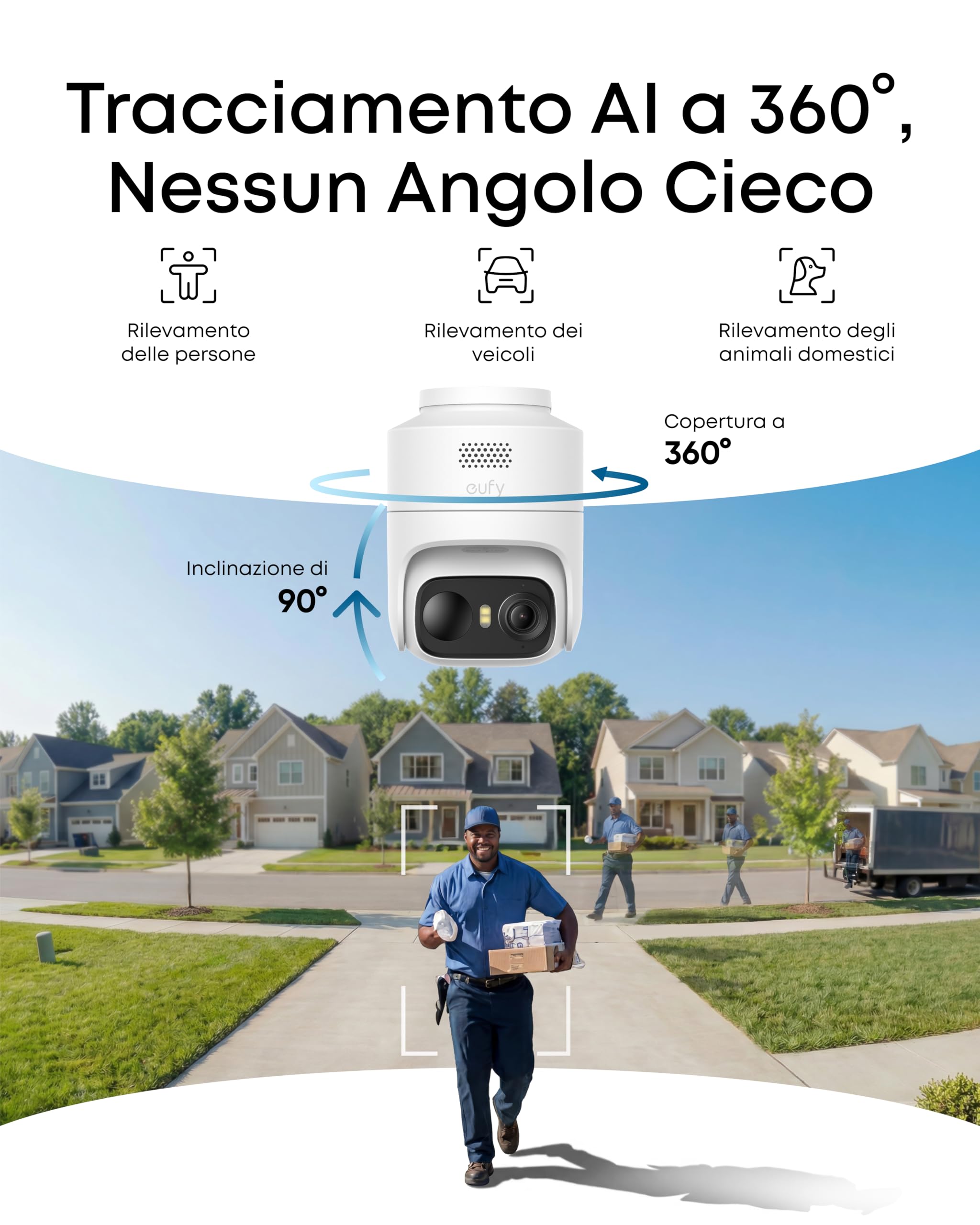 eufy Security eufyCam C37, videocamera di sicurezza wireless da esterno, tracciamento AI a 360° con pan e tilt, videocamera solare 2K, rilevamento persone/animali/veicoli, pannello solare flessibile