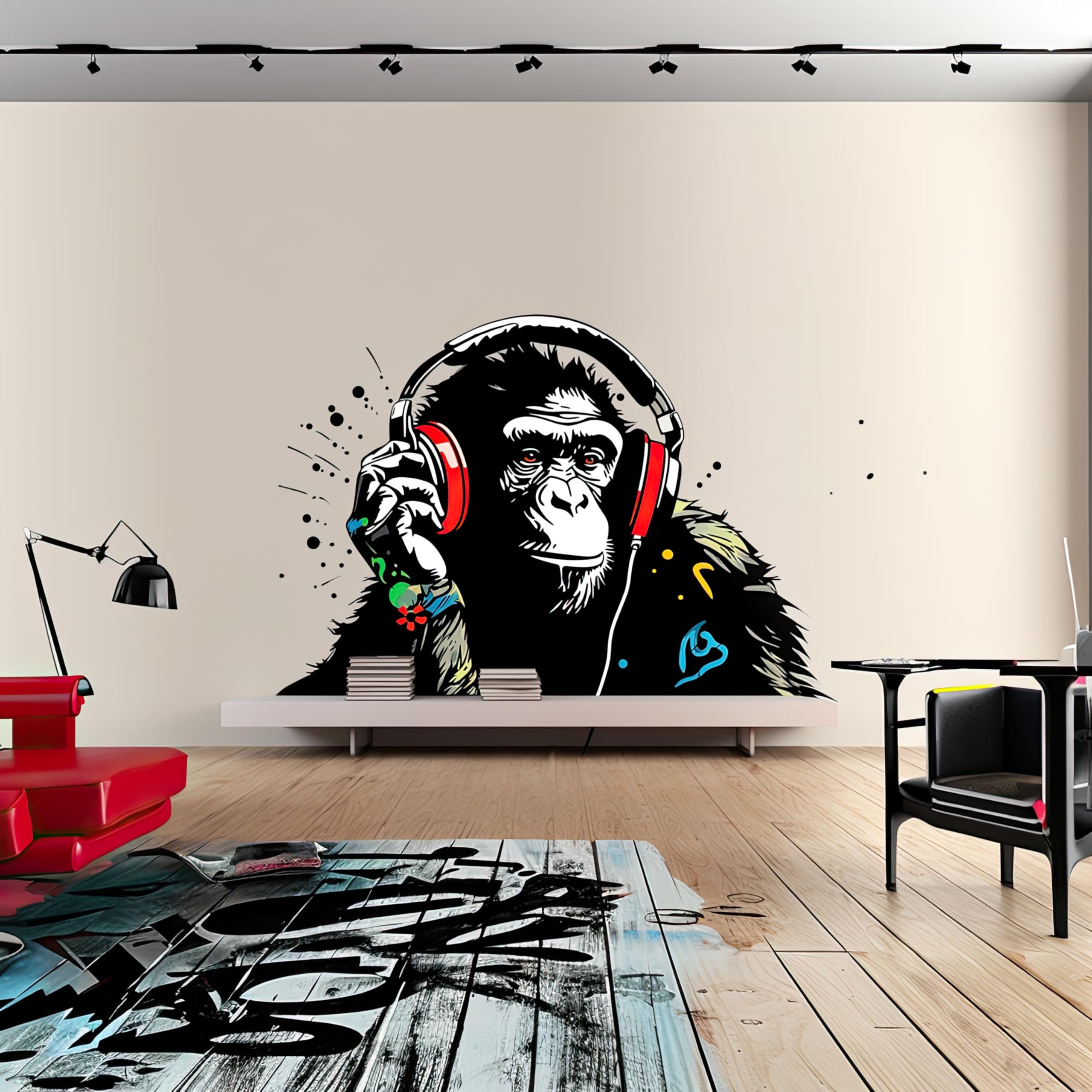 Adesivo da parete a forma di scimpanzé con cuffie – Urban Jungle DJ Ape Decal – Musica contemporanea che ascolta musica in vinile