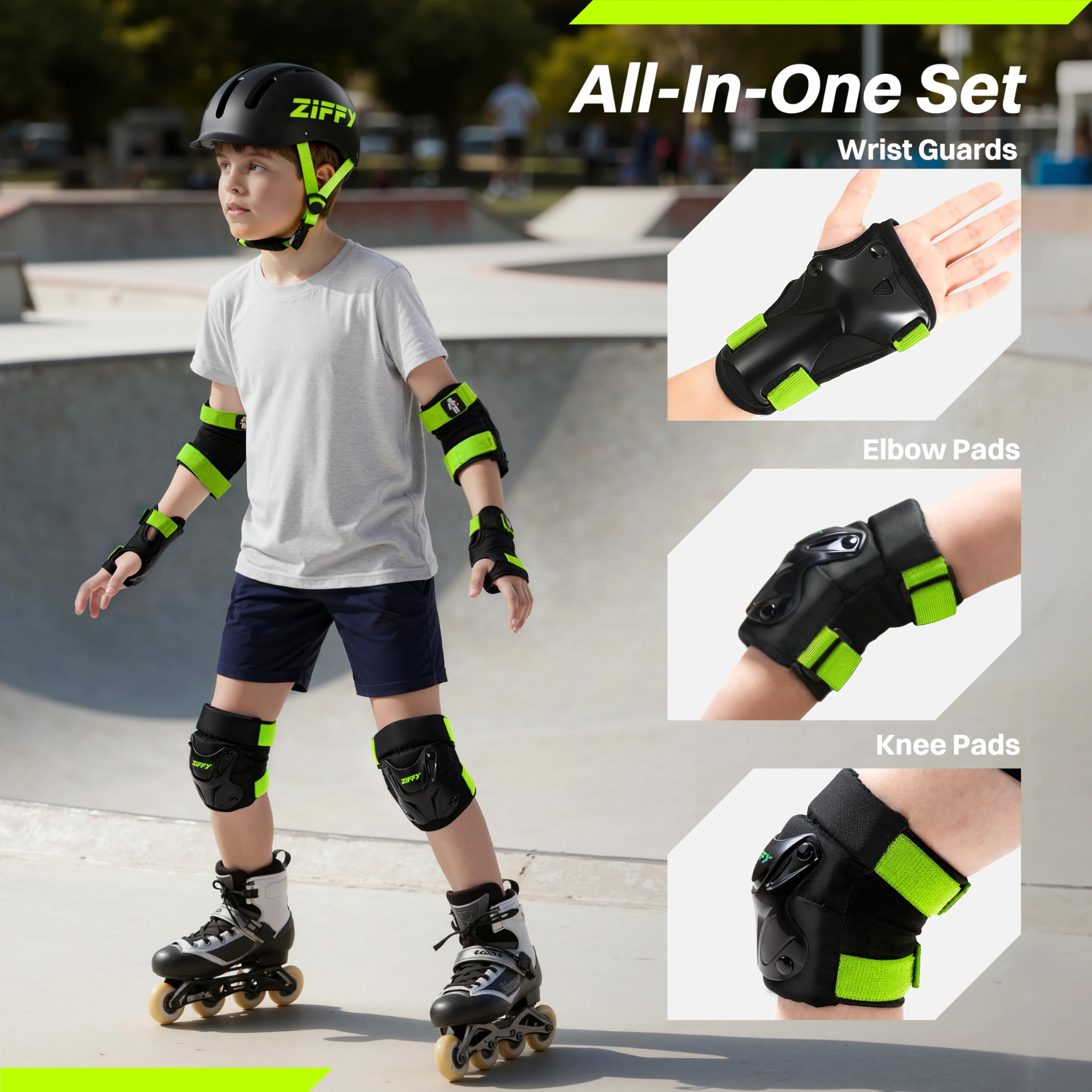 ZIFFY Rodilleras y coderas ajustables para niños de 7 a 12 años, juego de equipo de protección transpirable para niños, diseñado para patines de ruedas, patineta, ciclismo, equitación, 2 tamaños, 4