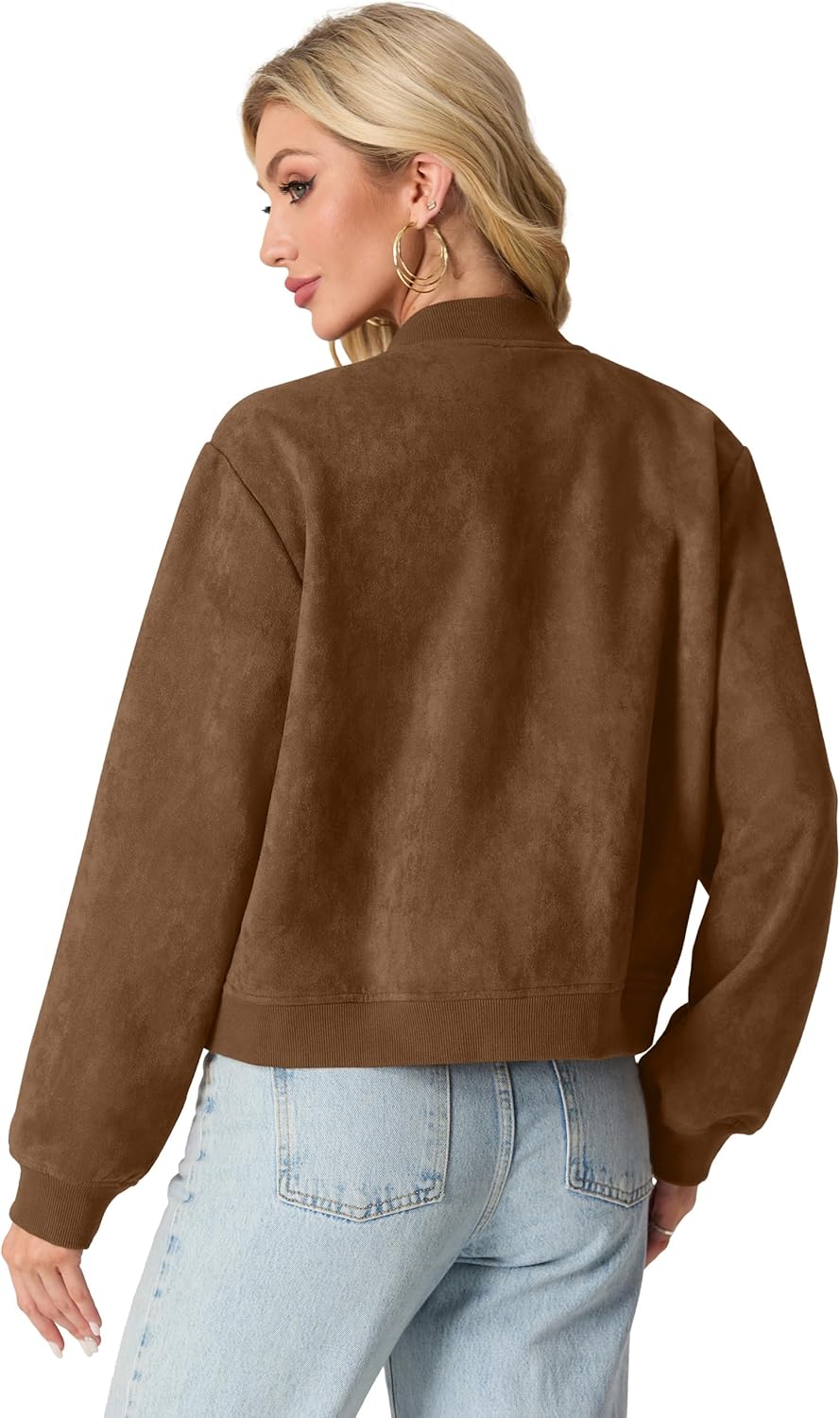 GRECERELLE Womens Faux Suede Leather Bomber Jacket Cropped Button Down Long Sleeve Casual Varsity Baseball With Pockets - Image 5