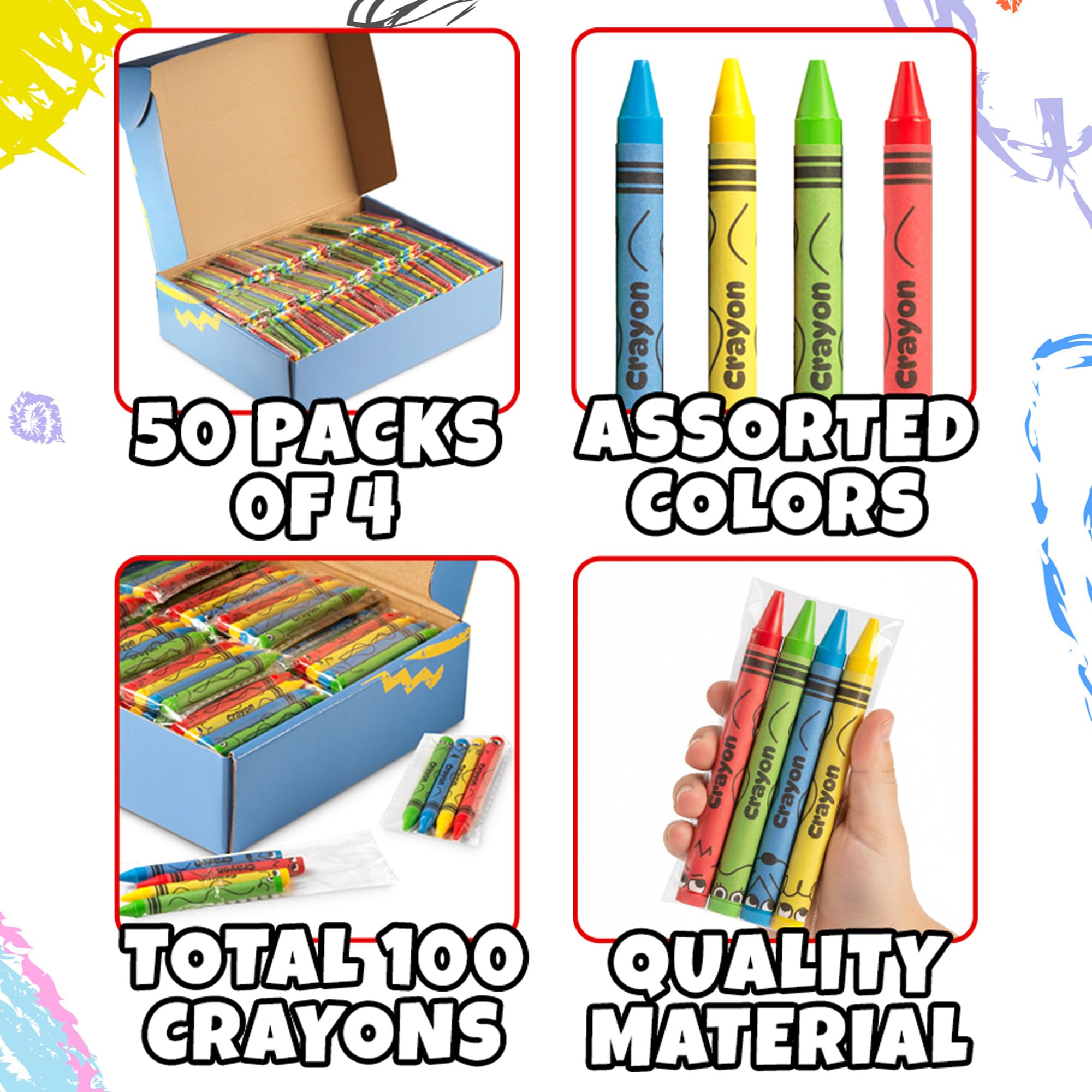 Großkreiden, 200 Stück (50 Sets von 4 Stück), einzeln verpackte Buntstifte, Partygeschenke für Kinder, Restaurants, Klassenzimmer, Geburtstagsgeschenktüten, Schulbedarf, Reisen, Kleinkinder, Malspaß
