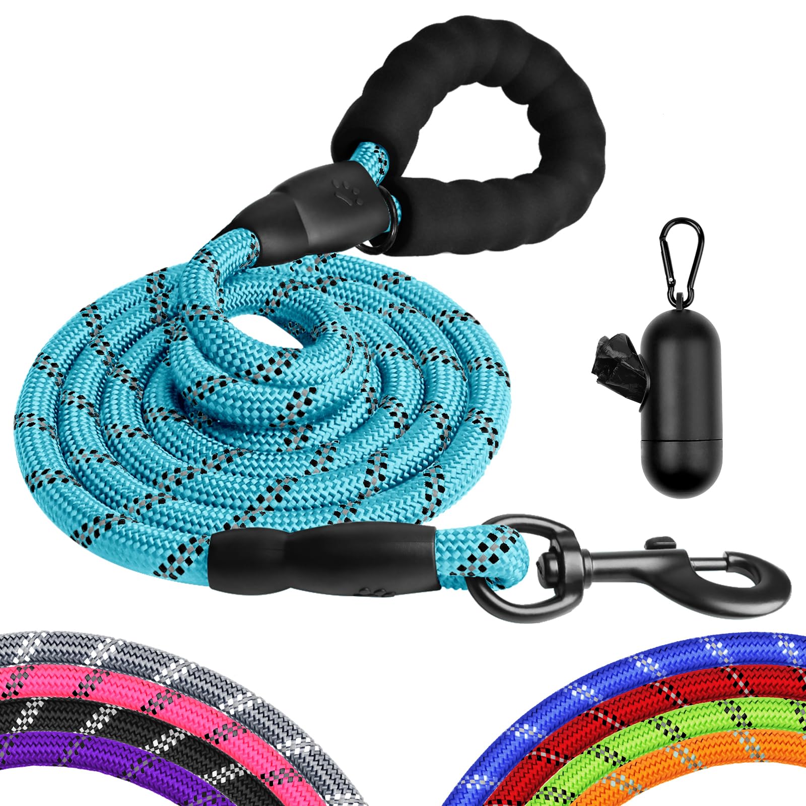 Heavy Duty Dog Leash for Large Medium Small Breed Dogs, Reflective Rope Dog leashes with Comfortable Handle,4/5/6 FT Pet Puppy Leash for Night Walking with Poop Bag Holder,Sky Blue,1/2 inch