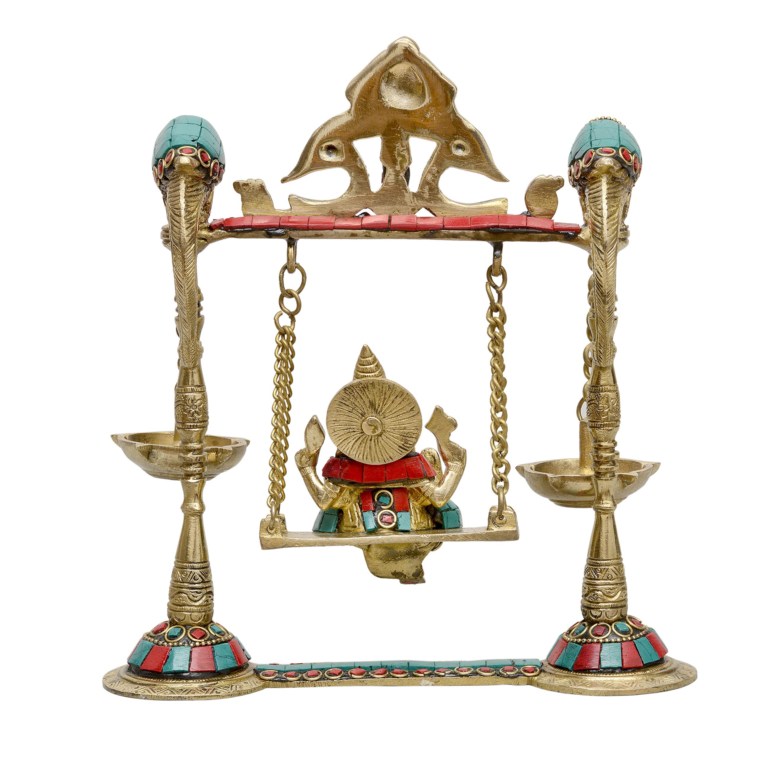 AONA Brass Ganesha on a Swing with Two Parrot Holding with Oil Diya Brass Chain- Golden, Height 9 Inches - Image 3 thumbnail