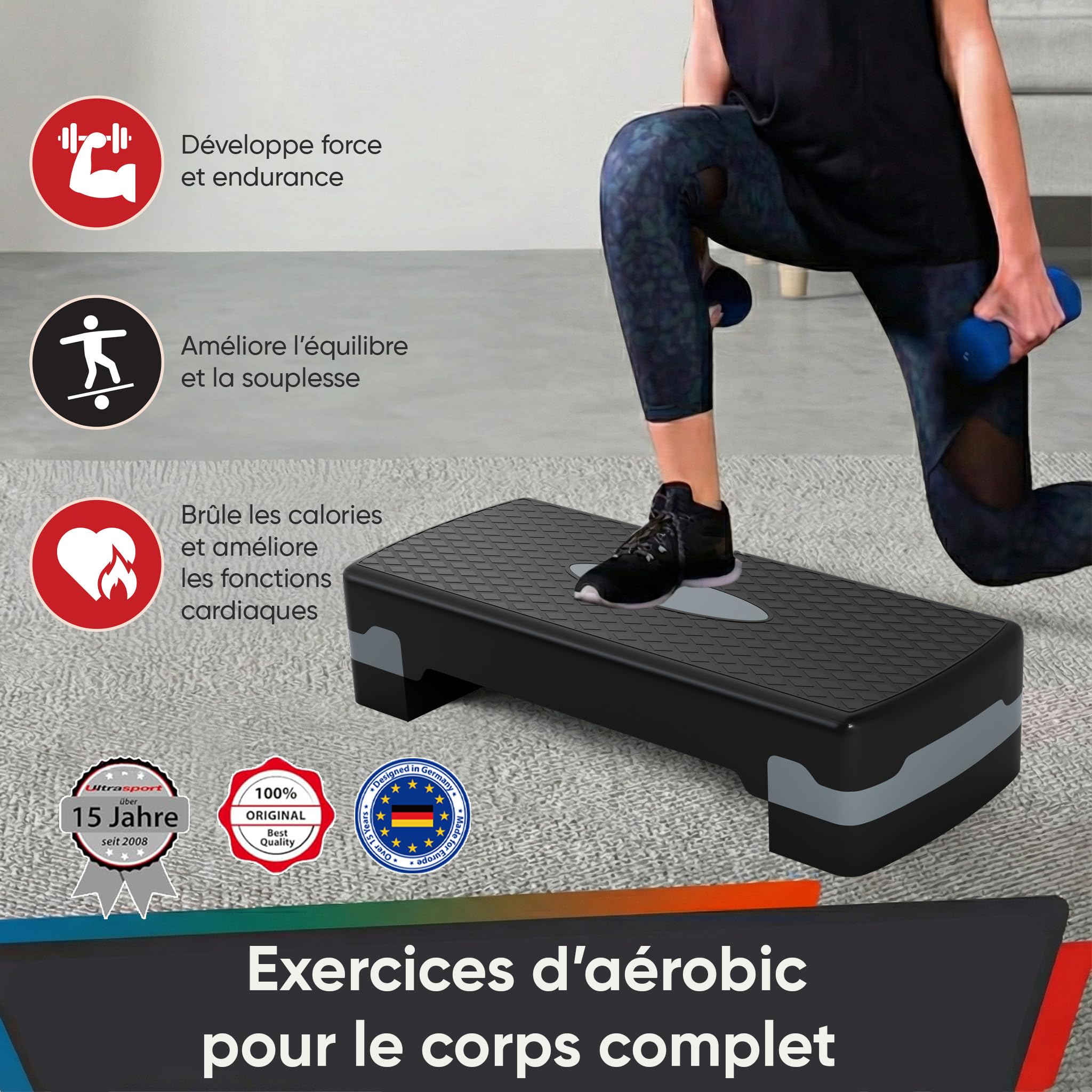 Ultrasport Step Aérobic I Antidérapant, Réglable sur 2 Niveaux I Stepper Fitness Appartement, Stepboard, Sport Stepbench 68 x 28 cm, Gris