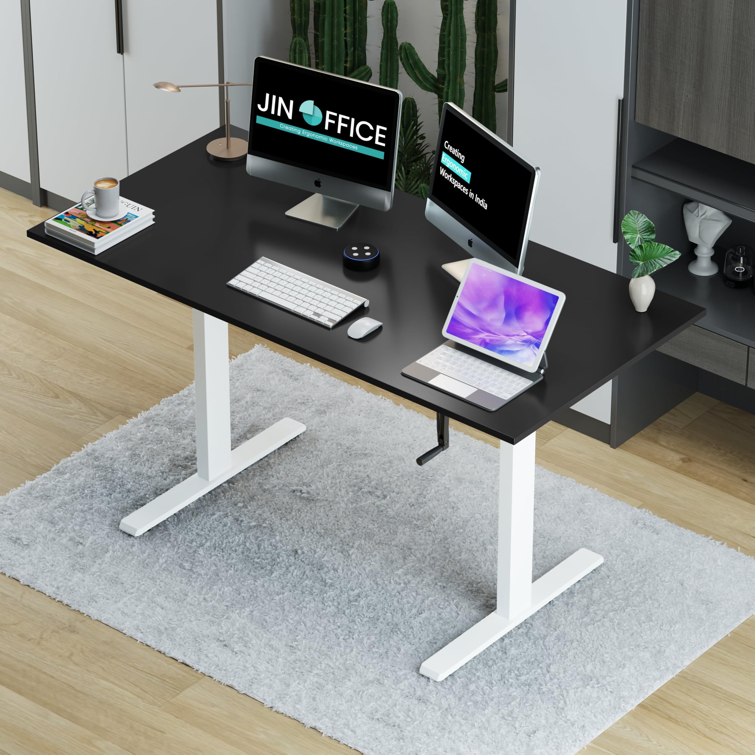 Jin Office Vertex Manual Height Adjustable Table| Adjustable Desk with Hand Crank| Sit Stand Desk| Ergonomic Table for Home Office, 3 Year Warranty,80 Kg Wt. Cap| White & Black|1200*750mm/ 25MM Thick