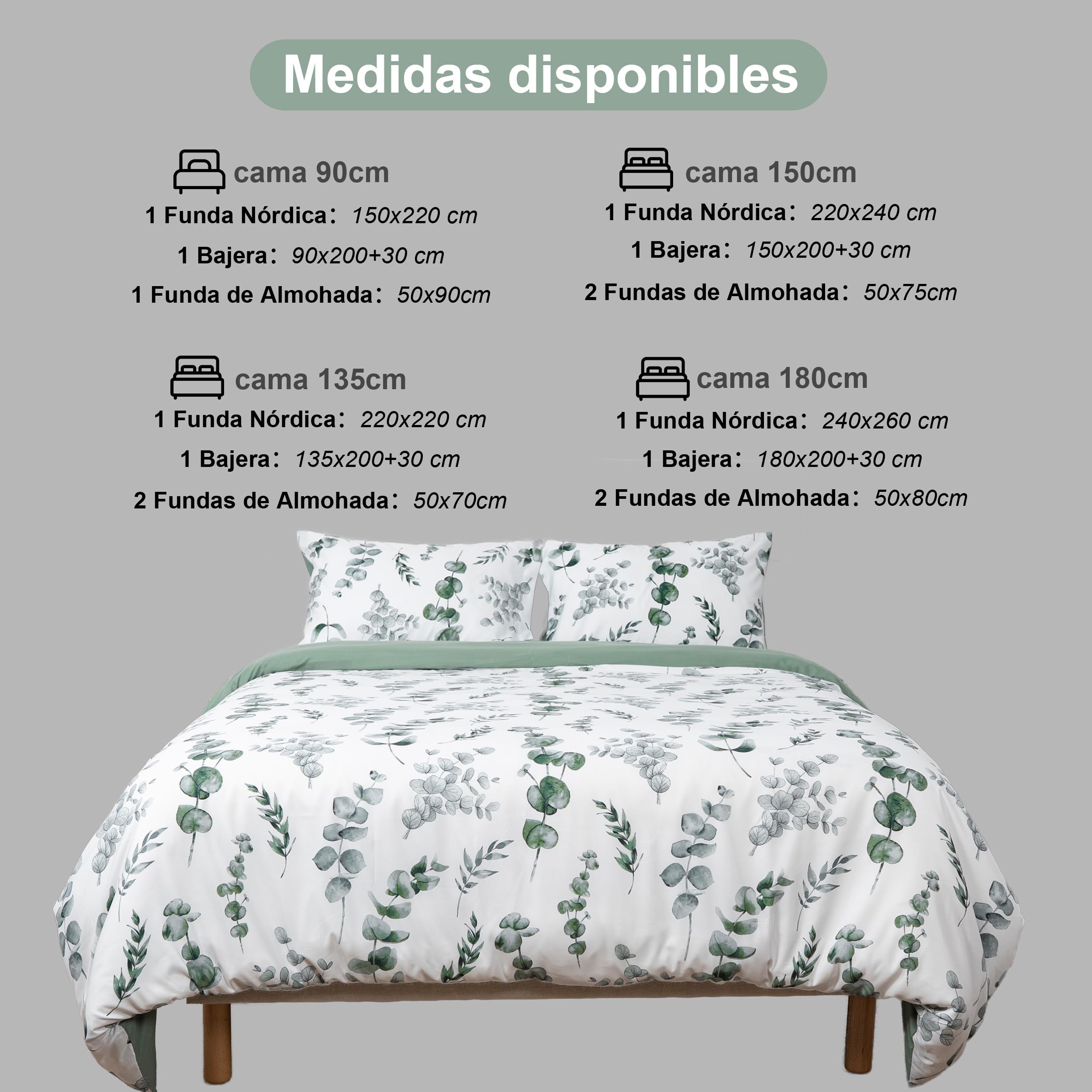 Etrexonline Juego de Funda Nórdica 4 Piezas Cama 135 Microfibra Suave Transpirable - 1 Funda Edredón 220x220 cm, 1 Bajera 135x200+30 cm y 2 Fundas de Almohada 50x70 cm (Eucalipto) — view 8