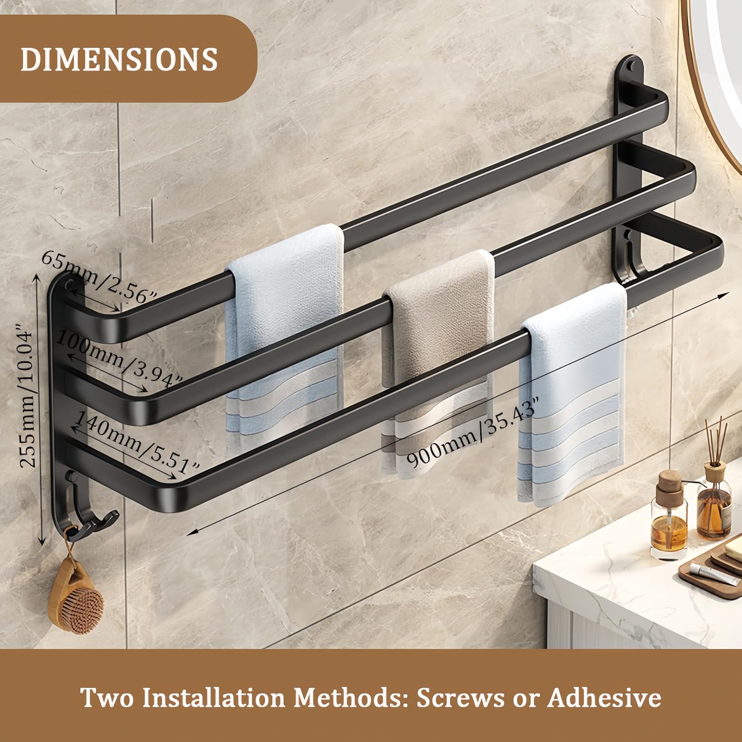 SEIDO 36 Inch 3-Tier Towel Rack for Bathroom, Heavy Duty Square Ladder Towel Bar Wall Mounted, Rustproof 304 Stainless Steel Matte Black Towel Holder with Hooks, Adhesive & Screw Mounting Options