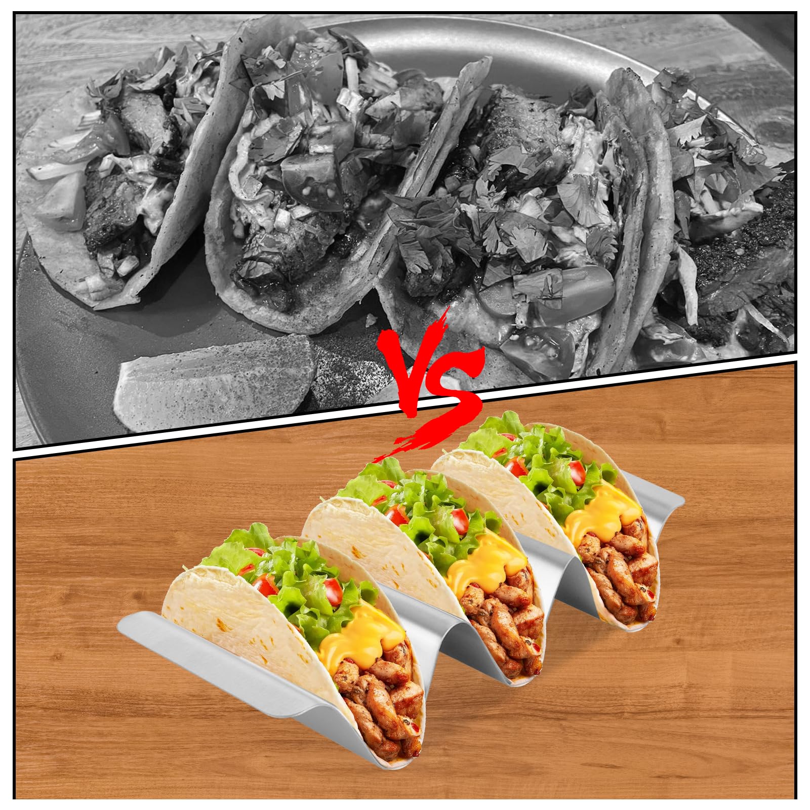 AKOLAFE 6 Stück Taco Halter Edelstahl 25x10x4.5cm Tacohalter Taco Holder mit Griffen Hot Dog Halter Ständer U-förmiges Taco Rack Dino für Tacos, Sandwiches, Brot, Hot Dogs und Waffeln