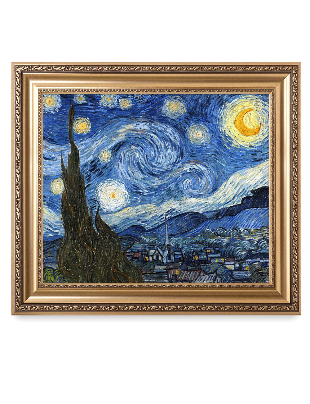 DECORARTS - Starry Night - Vincent Van Gogh. Giclee Print on Canvas with matching Golden-relief Framed Wall Art. Picture Size: 24x20in, Framed Size: 30x26 in