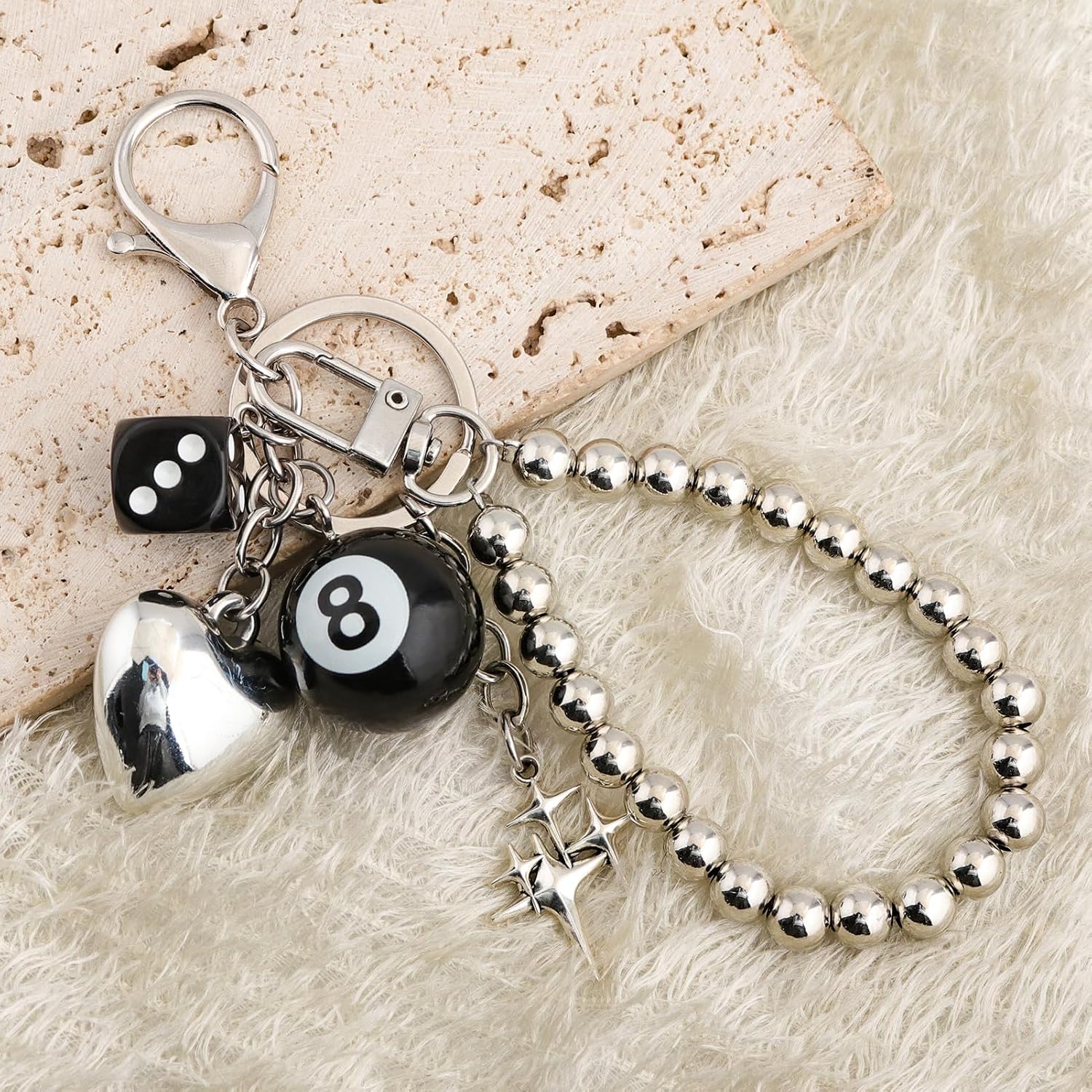Black 8 Ball Dice Charm Keychain – Y2K Bag Purse Charm Chunky Silver Heart Bead – Cute Key Chain for Handbags image 5