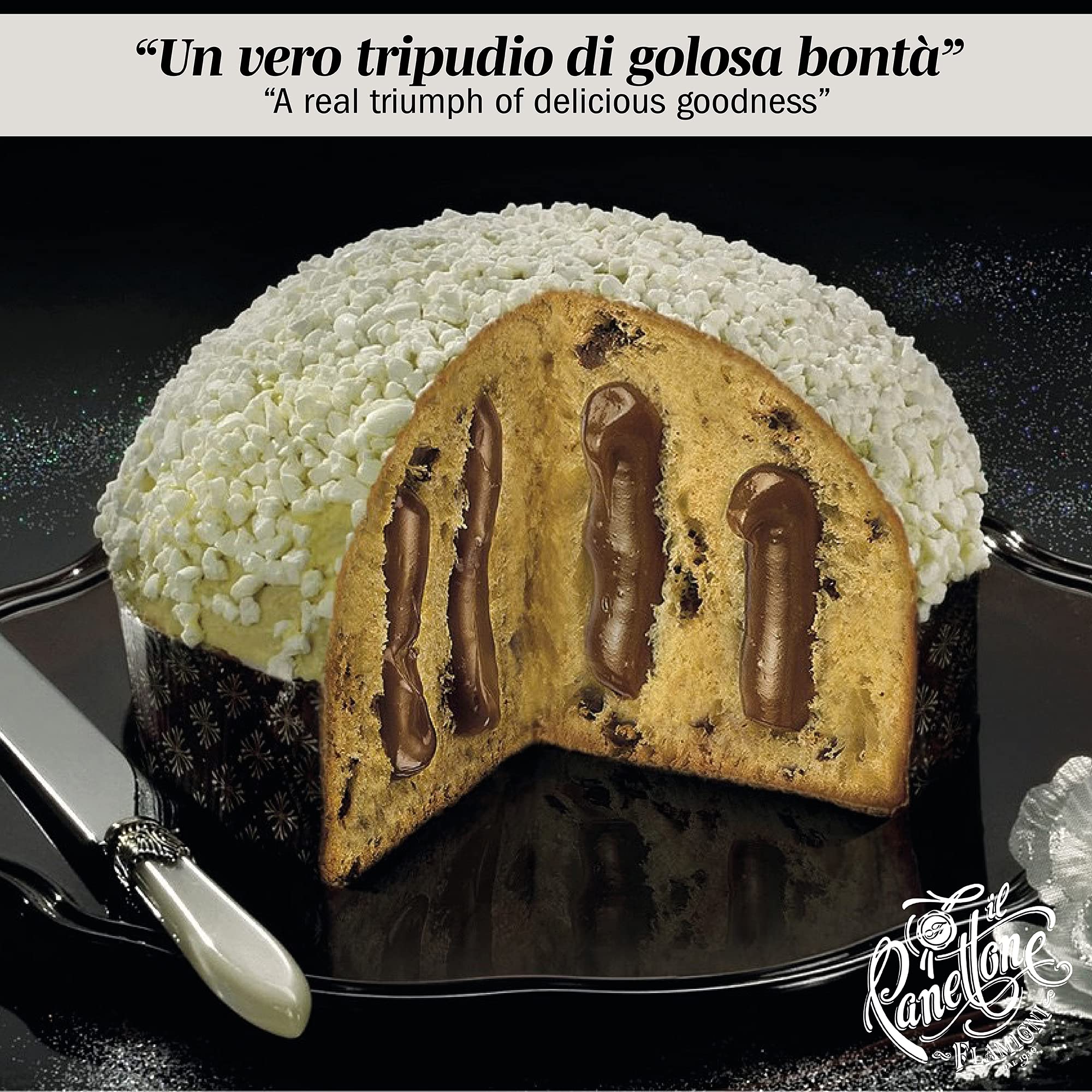 FLAMIGNI, Panettone Artisanal Italien Farci Mont Blanc à la Crème de Marrons et Morceaux de Marrons Glacés, Glacé au Chocolat Blanc et Meringues Croquantes, Coffret Spécial Noël, 950 gr